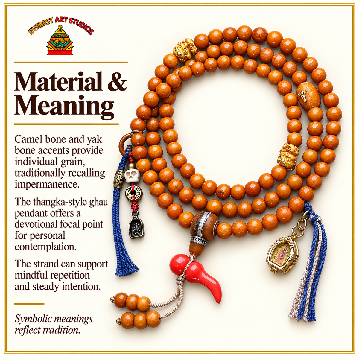 EverestArtstudios Camel Bone 108-Bead Mala with Thangka-Style Ghau Pendant — materials meaning