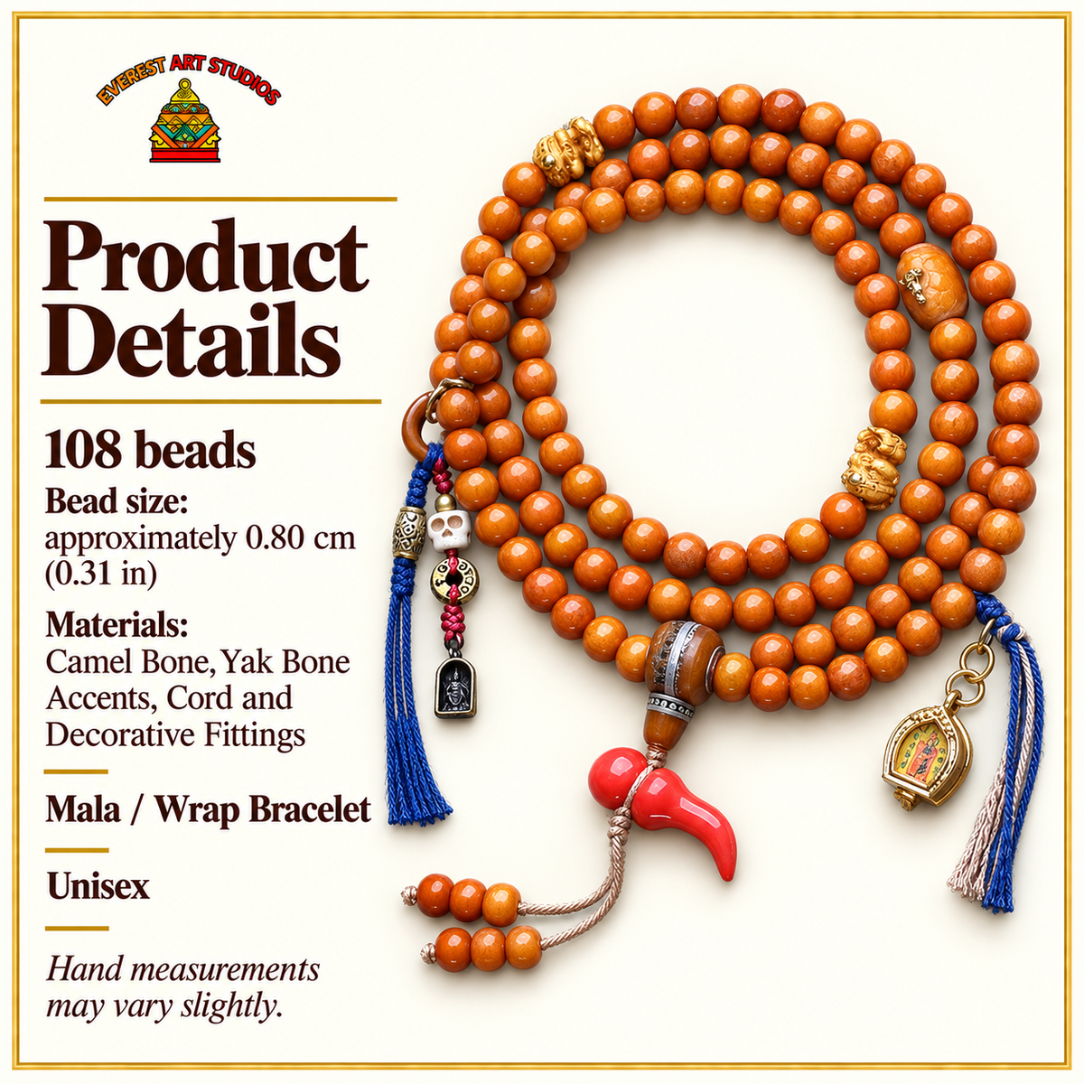 EverestArtstudios Camel Bone 108-Bead Mala with Thangka-Style Ghau Pendant — specifications