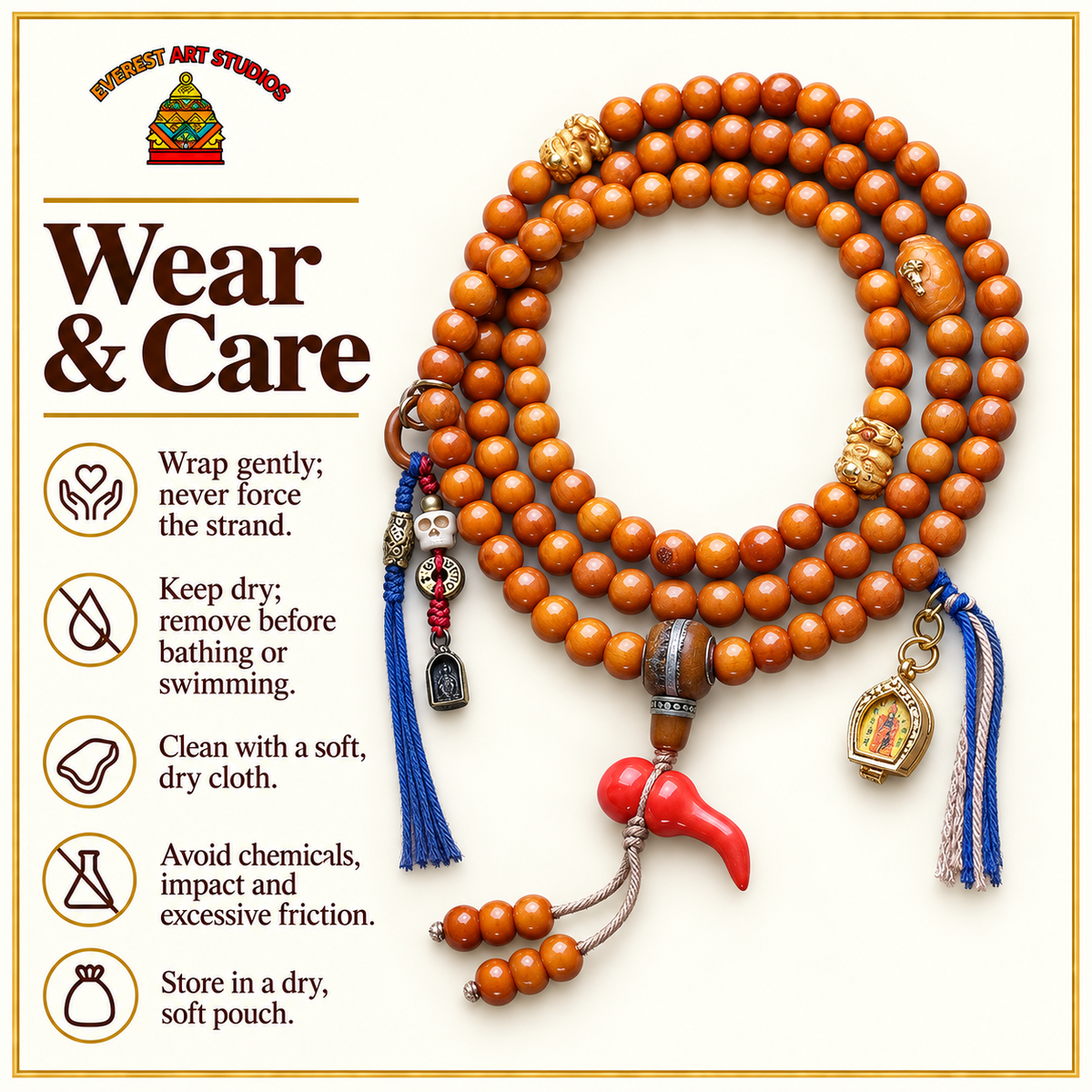 EverestArtstudios Camel Bone 108-Bead Mala with Thangka-Style Ghau Pendant — care