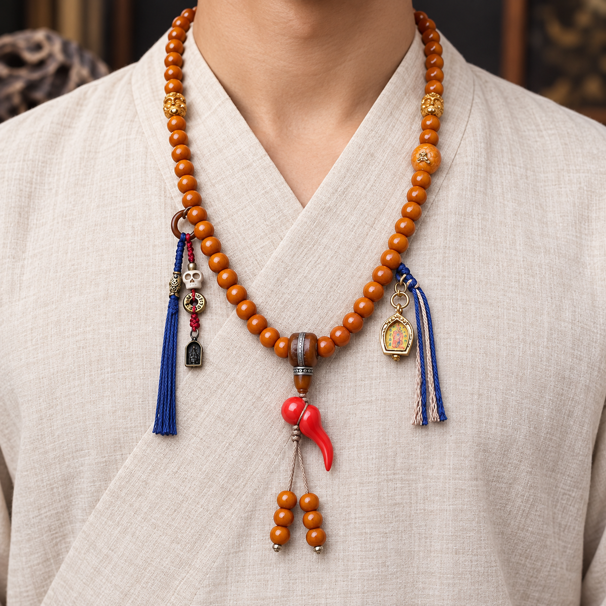 EverestArtstudios Camel Bone 108-Bead Mala with Thangka-Style Ghau Pendant — linen front