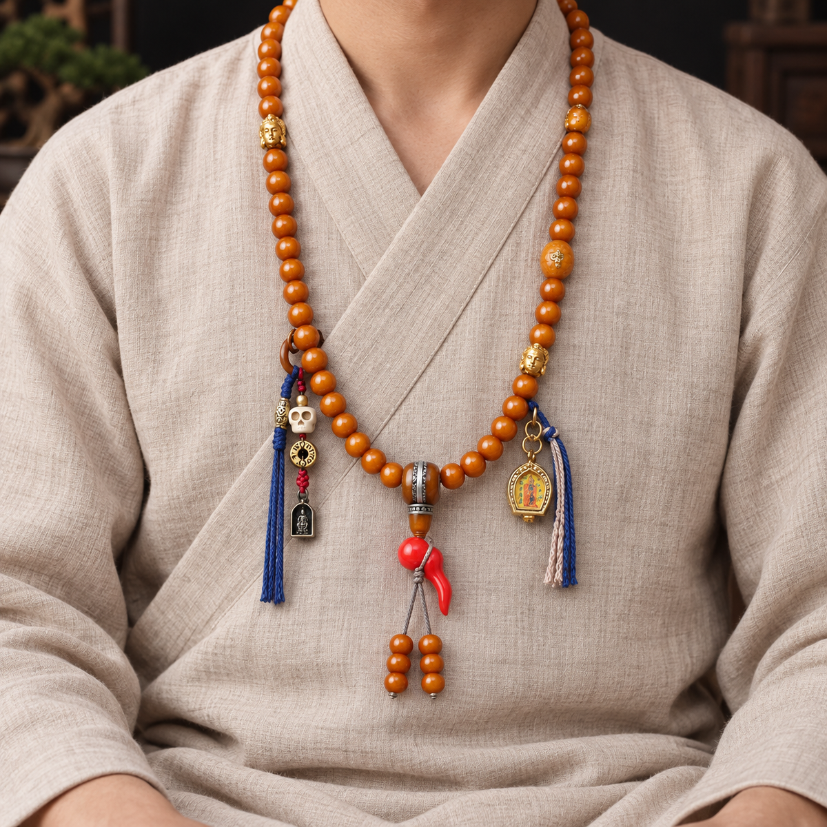 EverestArtstudios Camel Bone 108-Bead Mala with Thangka-Style Ghau Pendant — linen seated