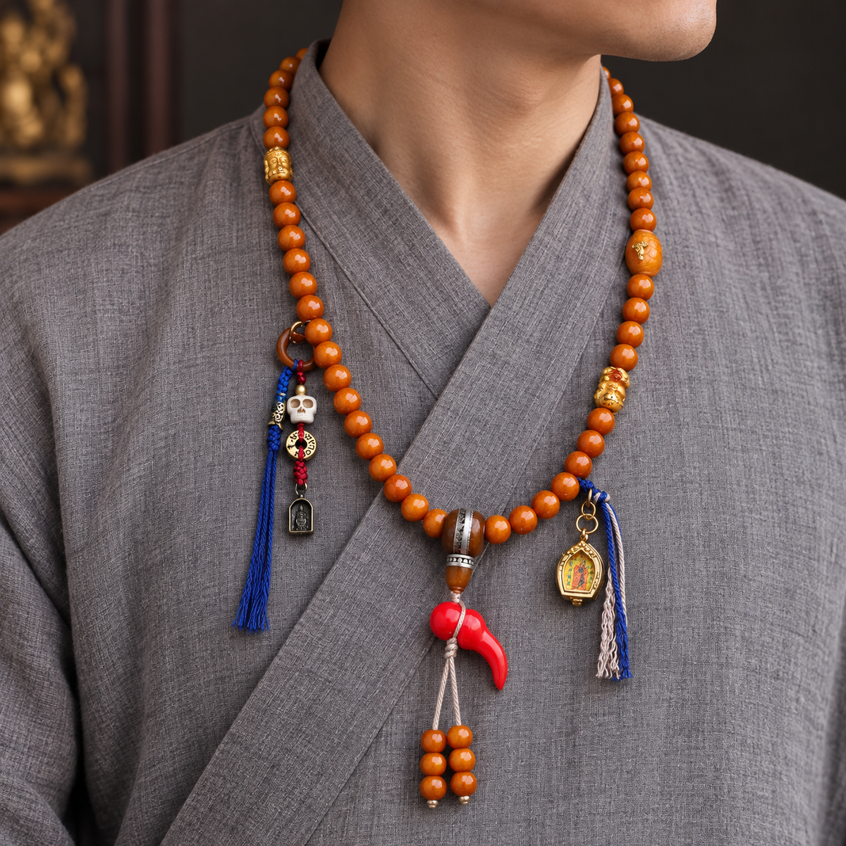 EverestArtstudios Camel Bone 108-Bead Mala with Thangka-Style Ghau Pendant — linen side