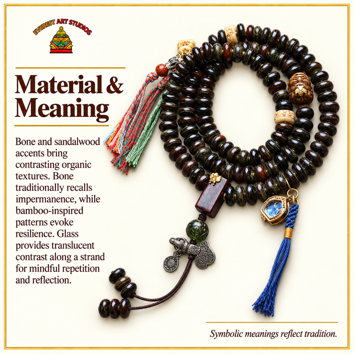 EverestArtstudios Bamboo-Pattern Bone 108-Bead Mala with Sandalwood Accents — materials meaning
