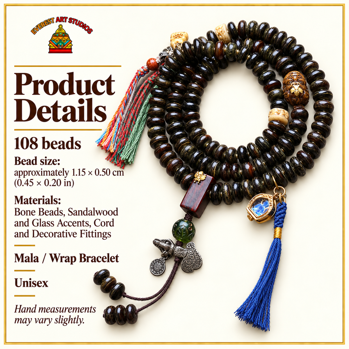 EverestArtstudios Bamboo-Pattern Bone 108-Bead Mala with Sandalwood Accents — specifications