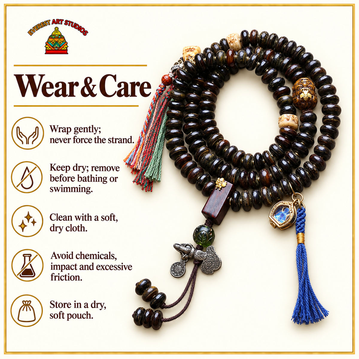 EverestArtstudios Bamboo-Pattern Bone 108-Bead Mala with Sandalwood Accents — care