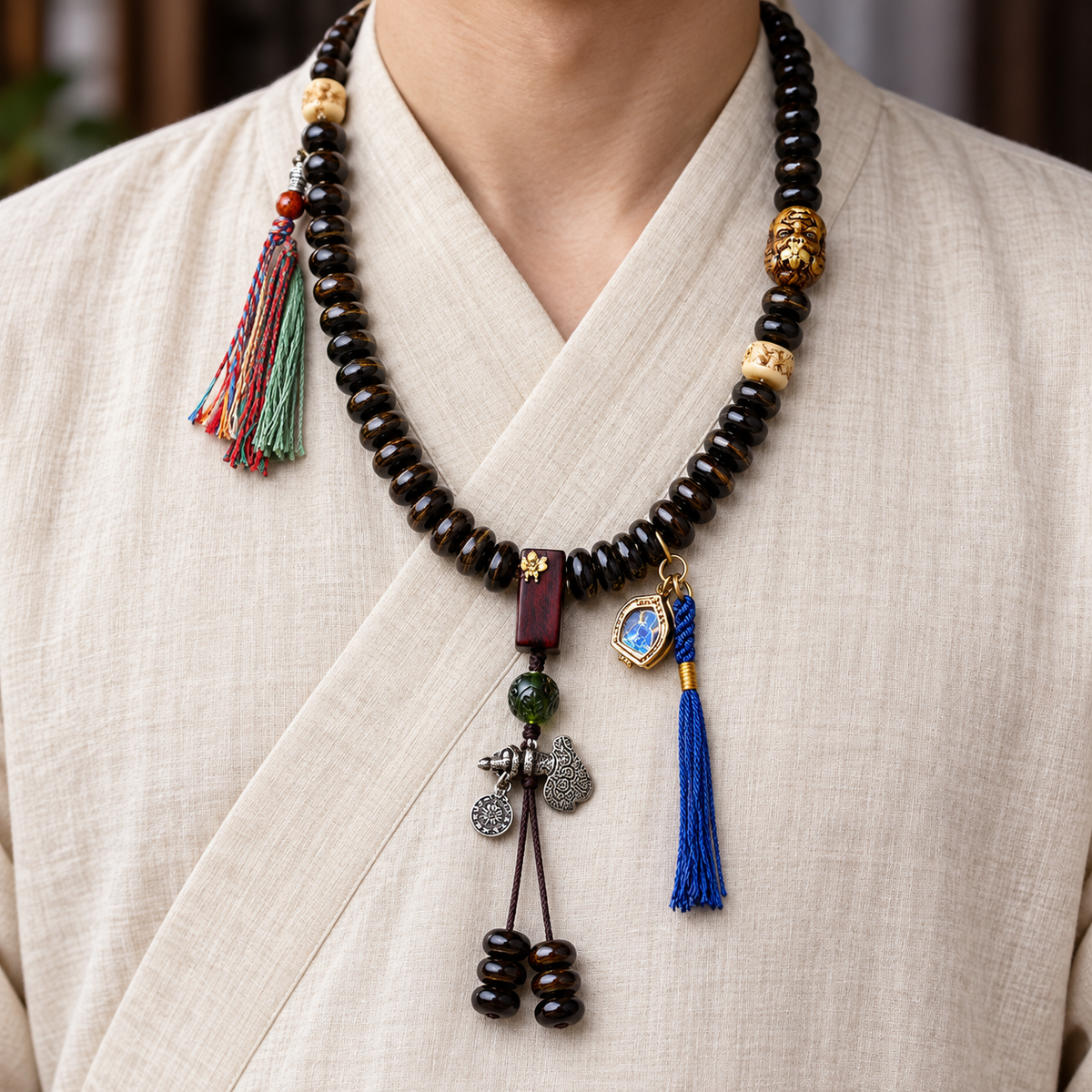 EverestArtstudios Bamboo-Pattern Bone 108-Bead Mala with Sandalwood Accents — linen front
