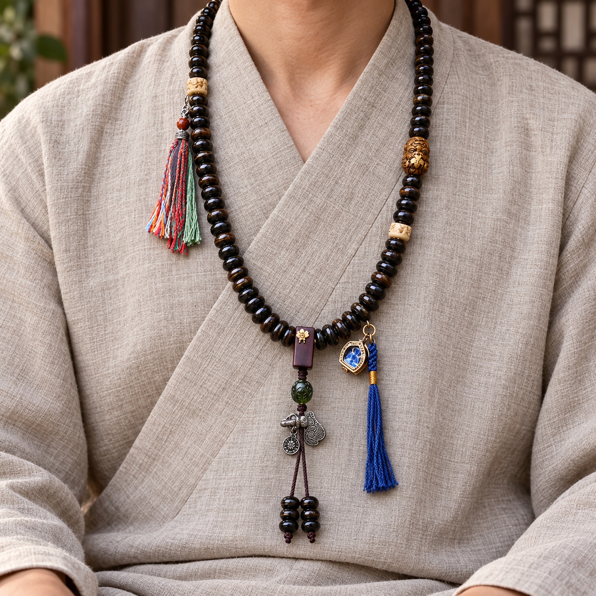 EverestArtstudios Bamboo-Pattern Bone 108-Bead Mala with Sandalwood Accents — linen seated