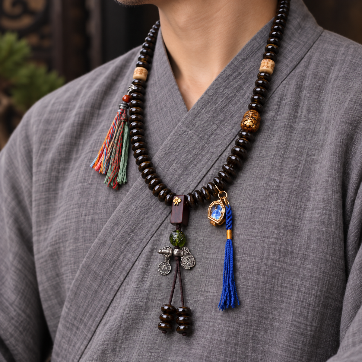 EverestArtstudios Bamboo-Pattern Bone 108-Bead Mala with Sandalwood Accents — linen side