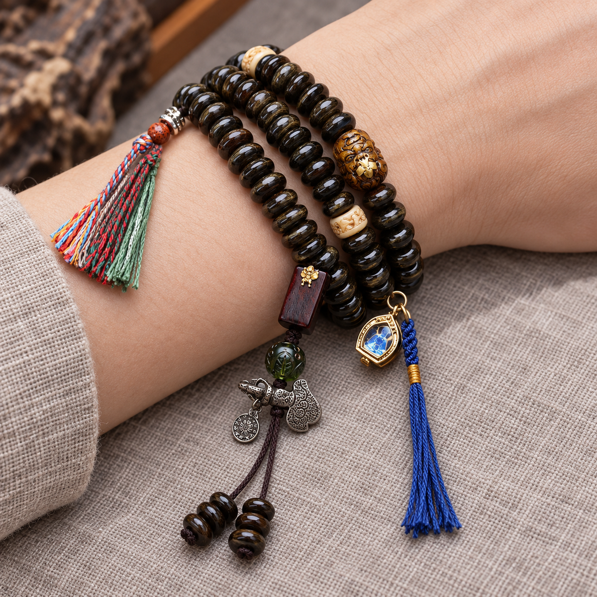 EverestArtstudios Bamboo-Pattern Bone 108-Bead Mala with Sandalwood Accents — wrist resting