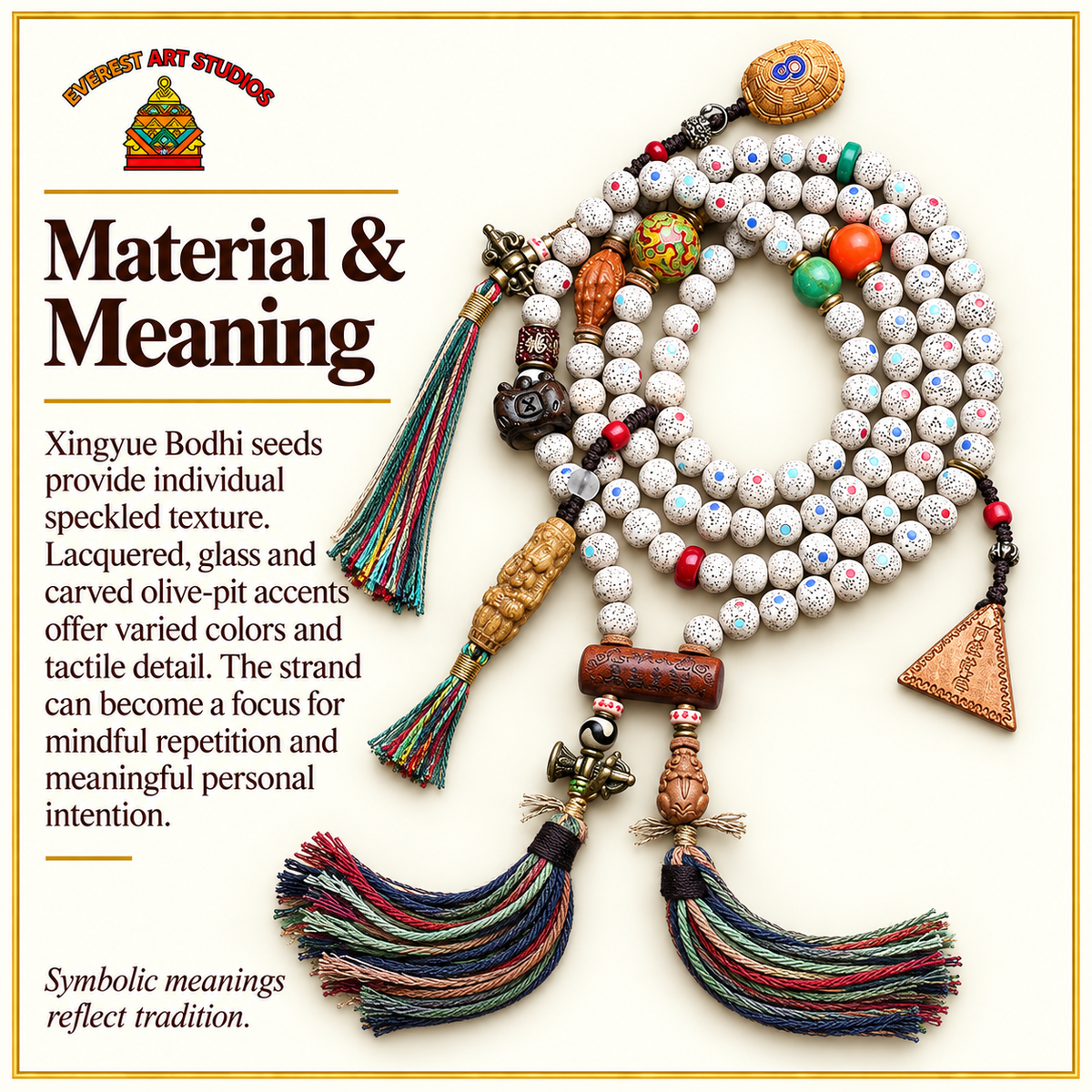 EverestArtstudios Inlaid Xingyue Bodhi 108-Bead Mala with Lacquer and Glass Accents — materials meaning