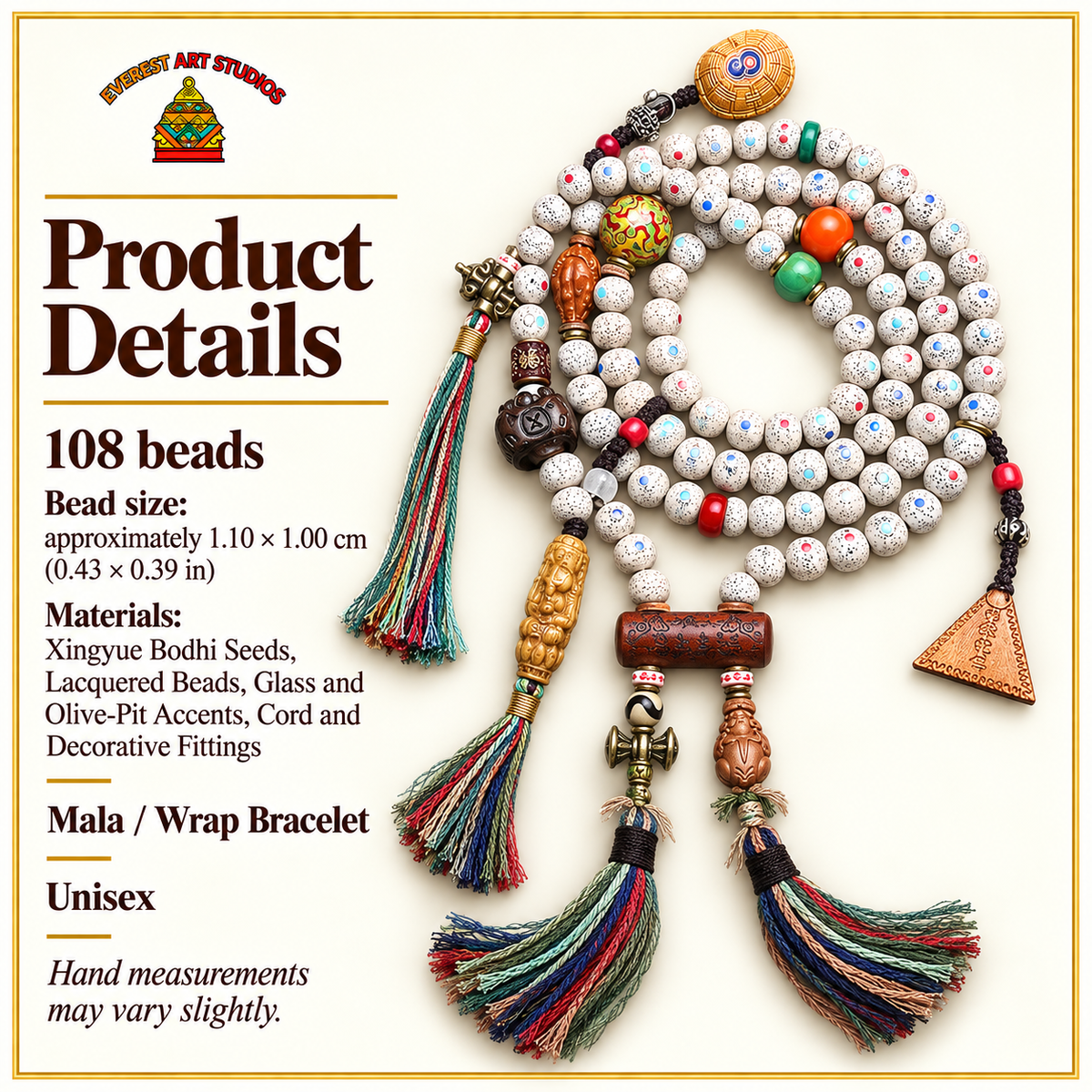 EverestArtstudios Inlaid Xingyue Bodhi 108-Bead Mala with Lacquer and Glass Accents — specifications