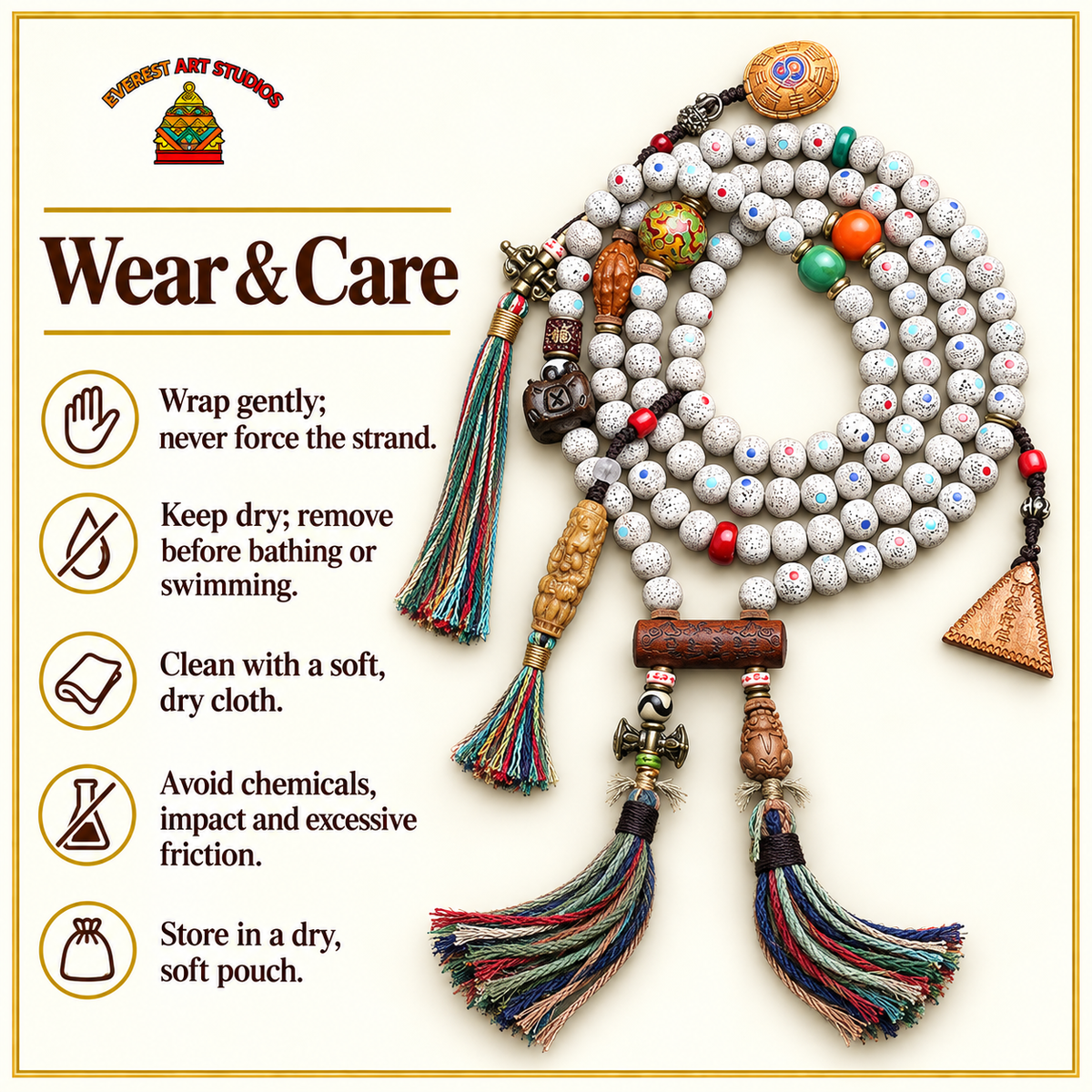 EverestArtstudios Inlaid Xingyue Bodhi 108-Bead Mala with Lacquer and Glass Accents — care