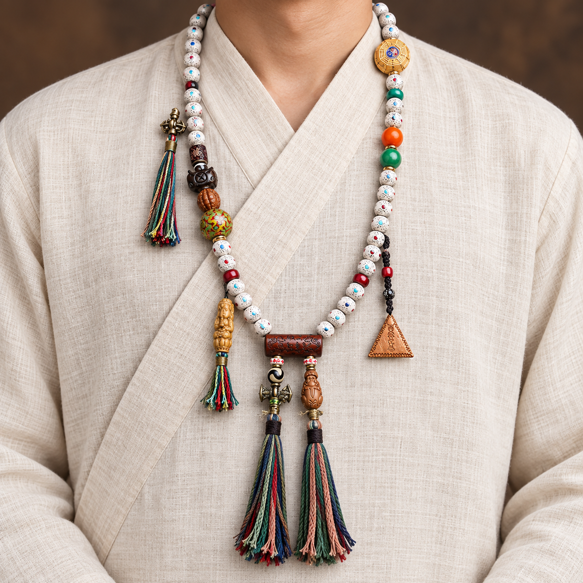 EverestArtstudios Inlaid Xingyue Bodhi 108-Bead Mala with Lacquer and Glass Accents — linen front