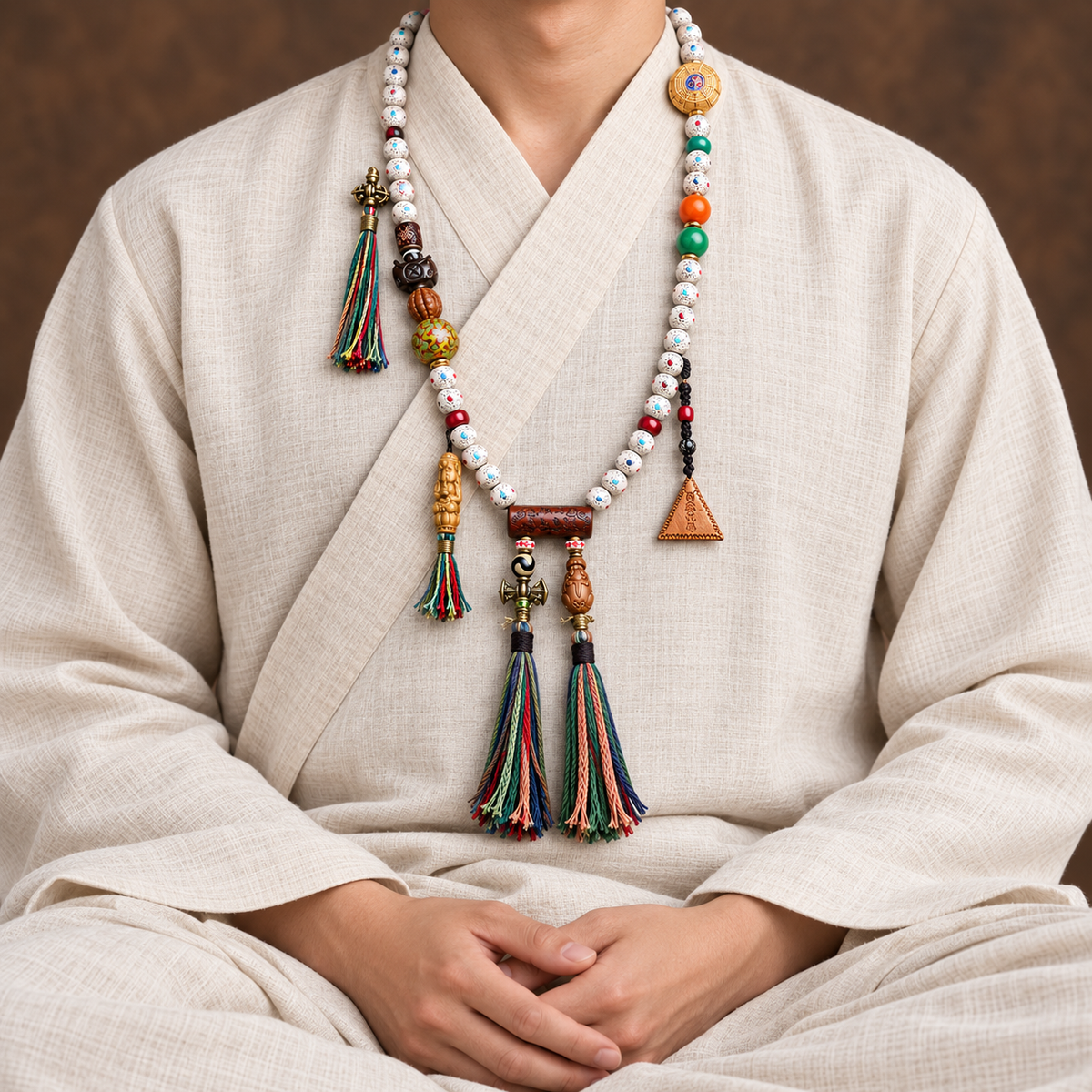 EverestArtstudios Inlaid Xingyue Bodhi 108-Bead Mala with Lacquer and Glass Accents — linen seated