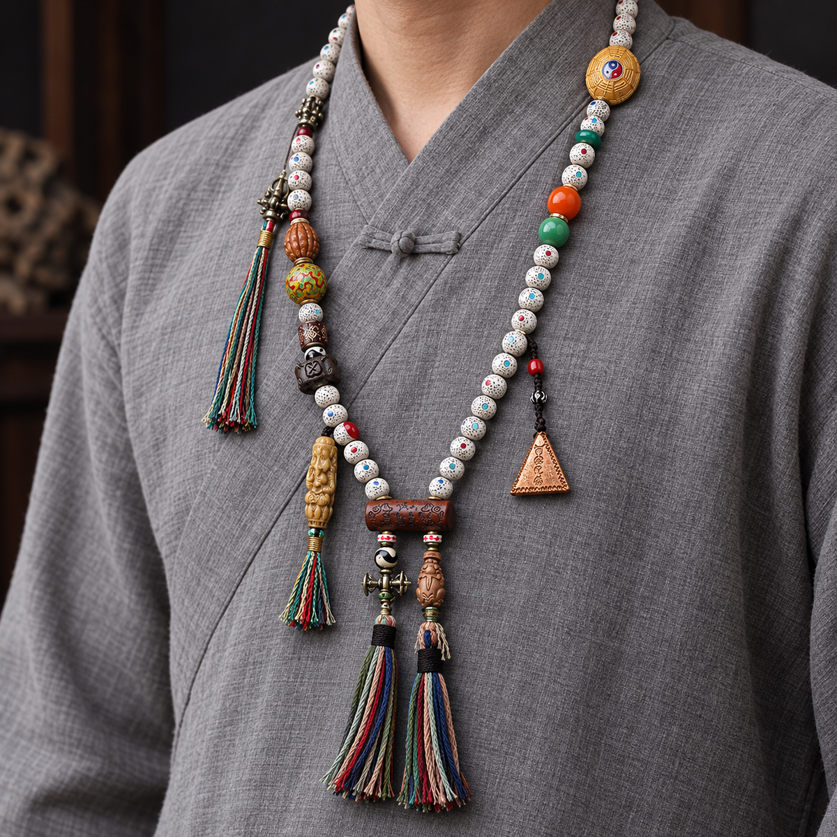 EverestArtstudios Inlaid Xingyue Bodhi 108-Bead Mala with Lacquer and Glass Accents — linen side