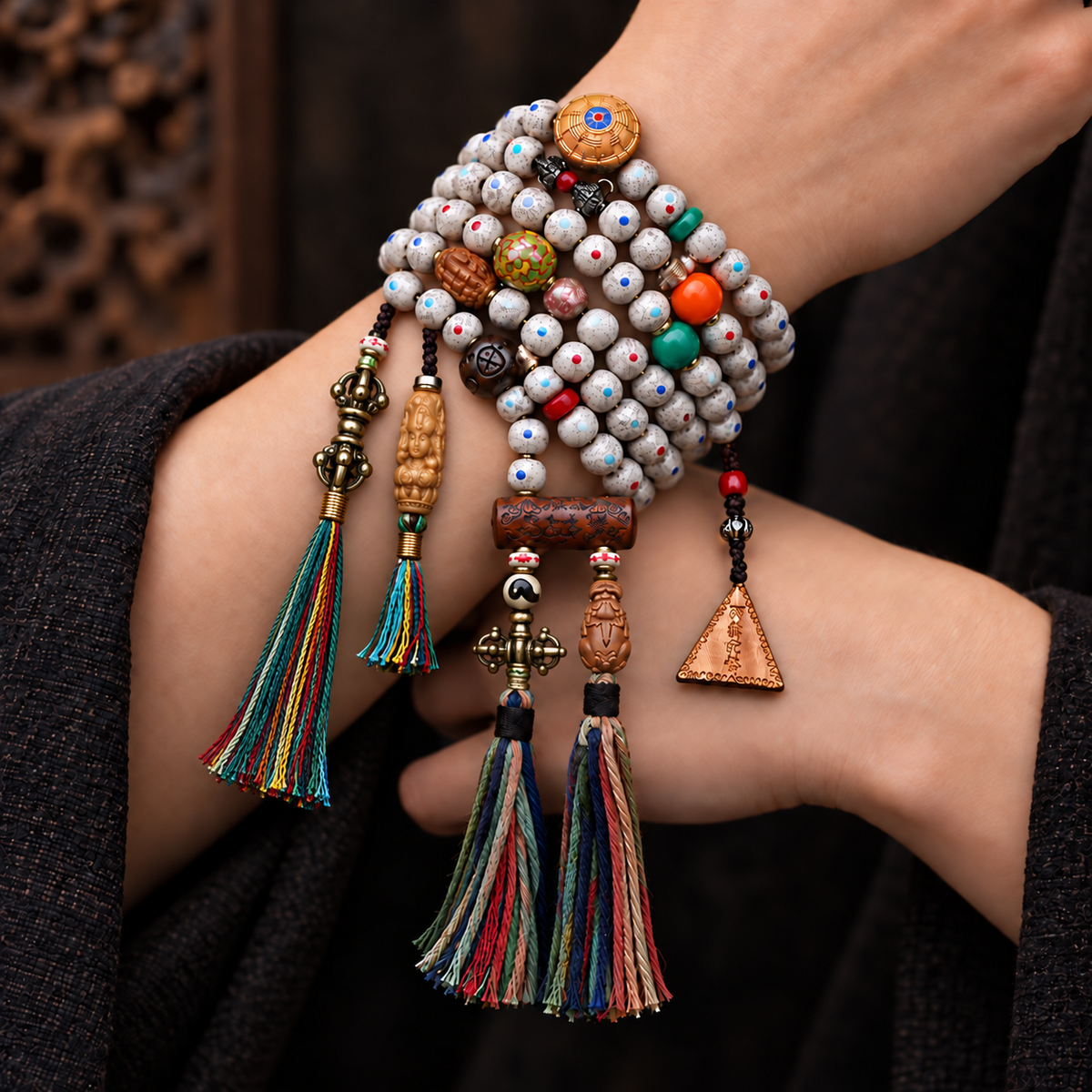 EverestArtstudios Inlaid Xingyue Bodhi 108-Bead Mala with Lacquer and Glass Accents — wrist crossed
