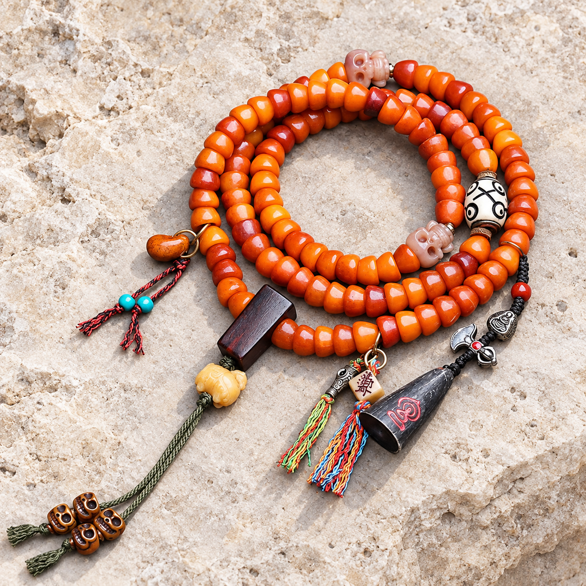 EverestArtstudios Carved Yak Bone Prayer Beads with Sandalwood Accents — overall display