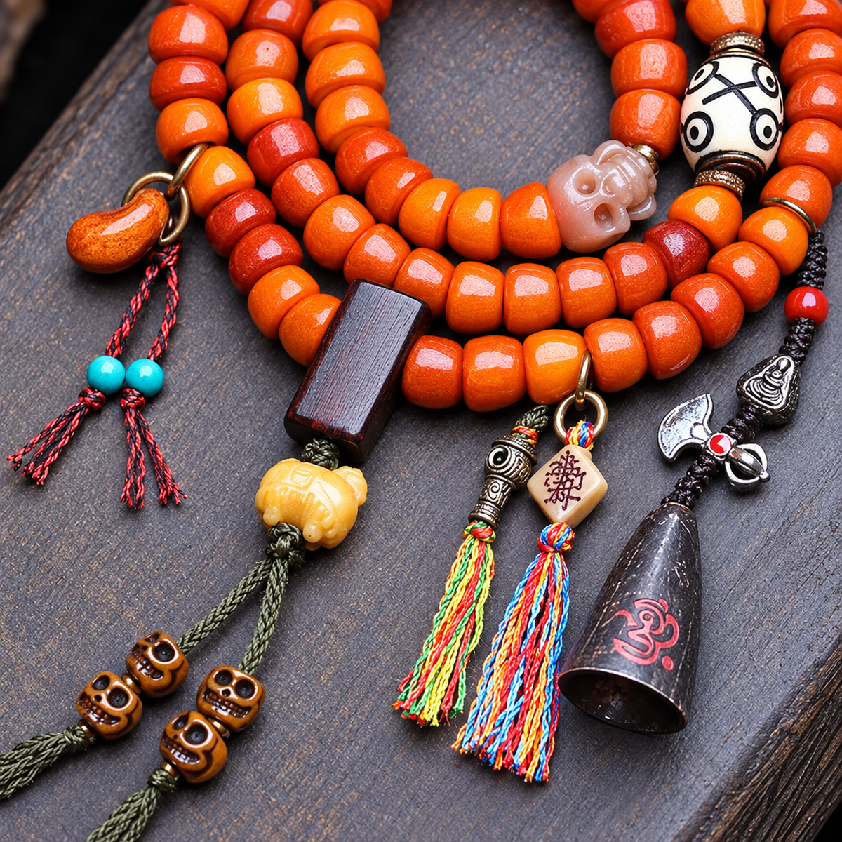 EverestArtstudios Carved Yak Bone Prayer Beads with Sandalwood Accents — connection detail