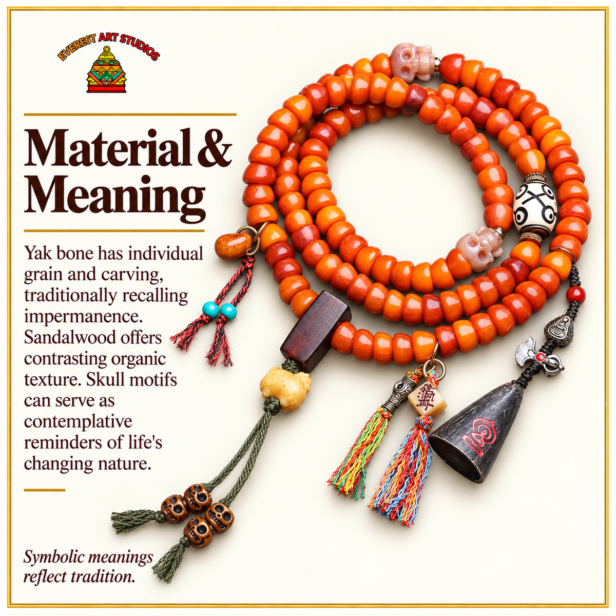 EverestArtstudios Carved Yak Bone Prayer Beads with Sandalwood Accents — materials meaning