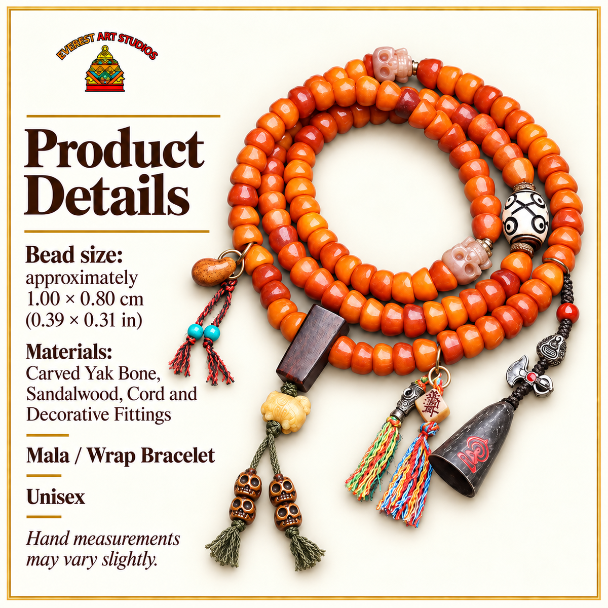 EverestArtstudios Carved Yak Bone Prayer Beads with Sandalwood Accents — specifications