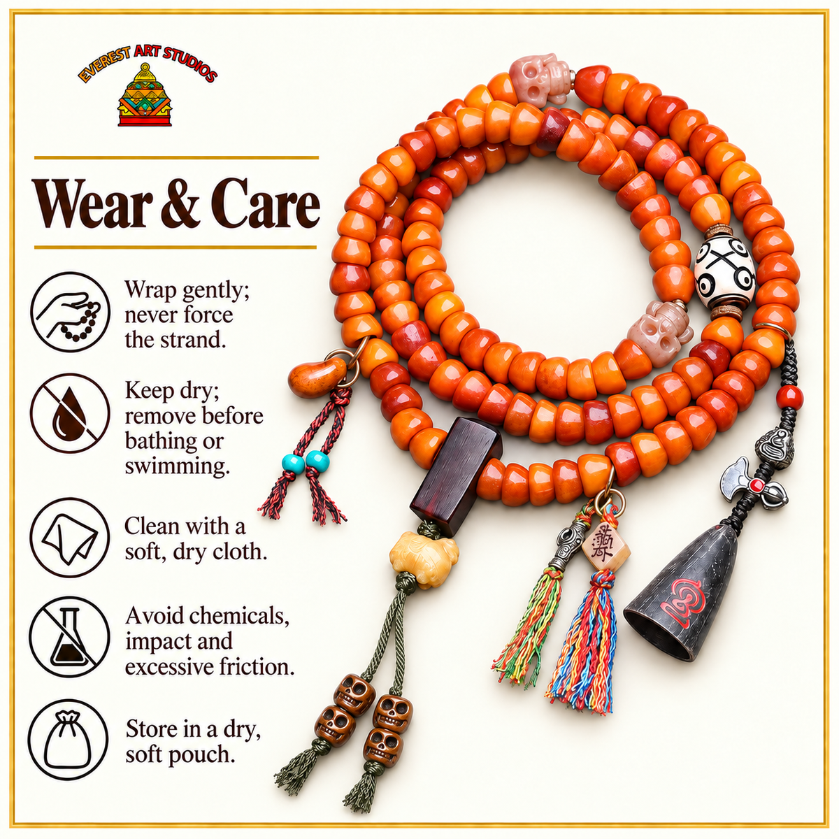 EverestArtstudios Carved Yak Bone Prayer Beads with Sandalwood Accents — care