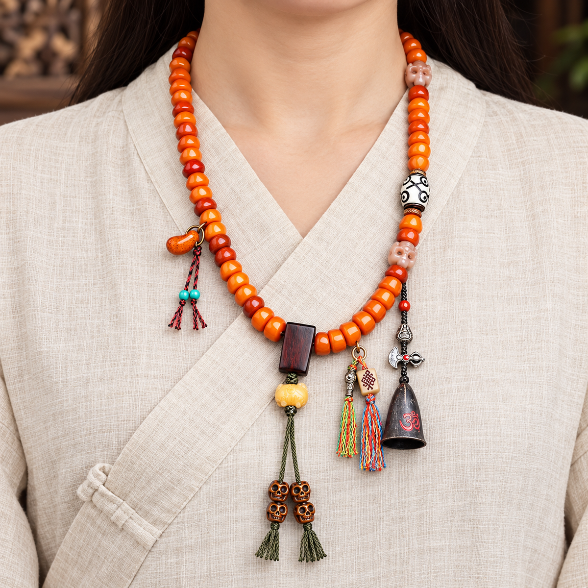 EverestArtstudios Carved Yak Bone Prayer Beads with Sandalwood Accents — linen front
