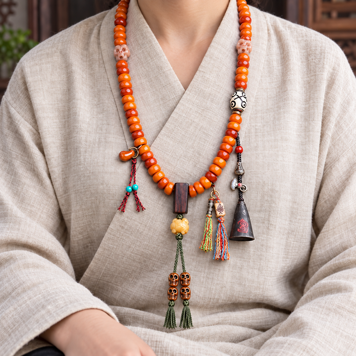 EverestArtstudios Carved Yak Bone Prayer Beads with Sandalwood Accents — linen seated