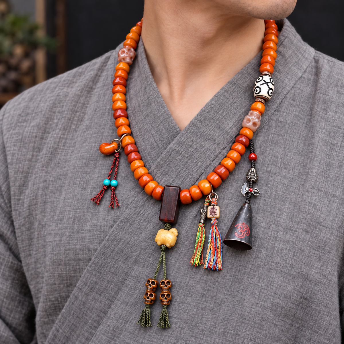 EverestArtstudios Carved Yak Bone Prayer Beads with Sandalwood Accents — linen side