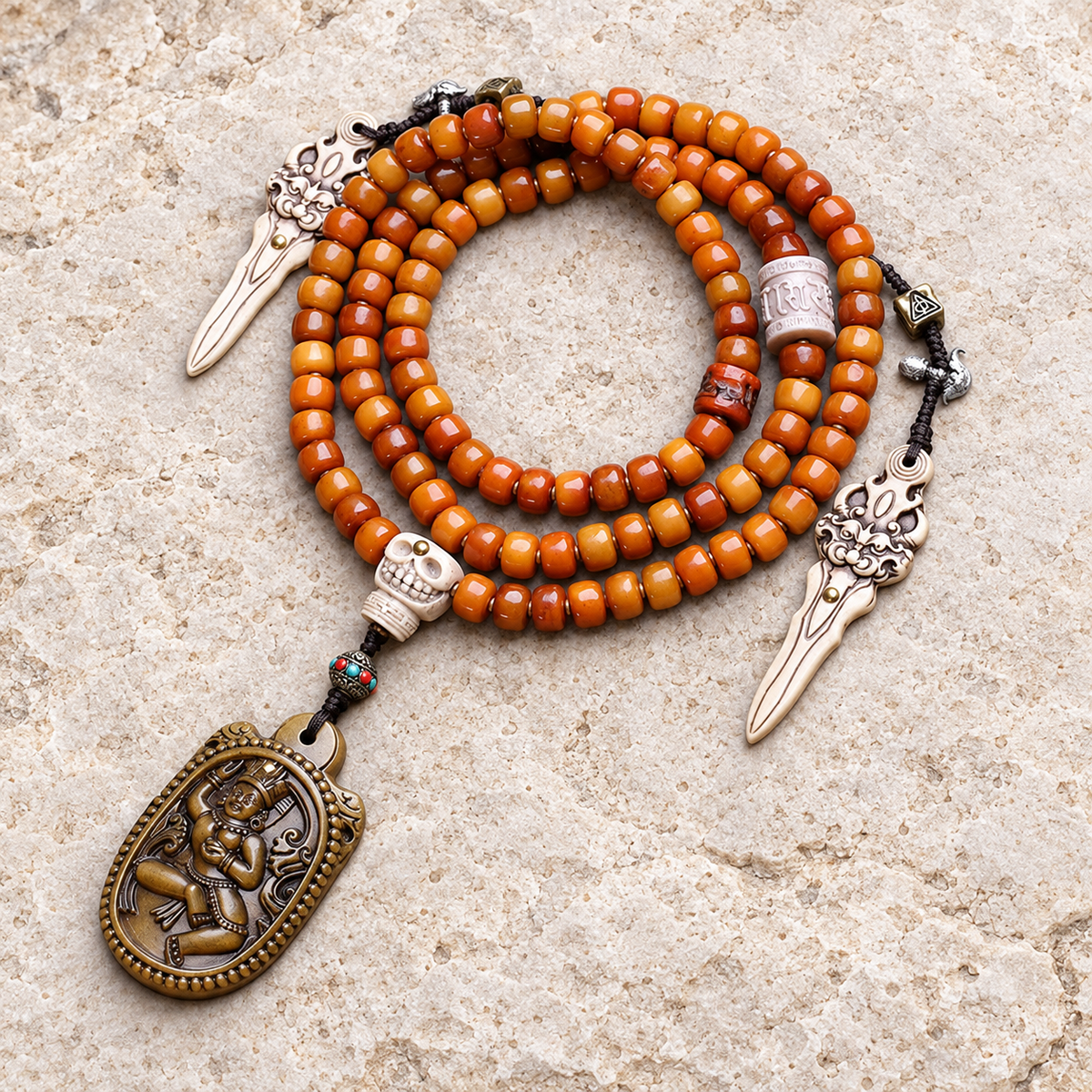EverestArtstudios Yak Bone 108-Bead Mala with Vajrayogini-Inspired Pendant — overall display