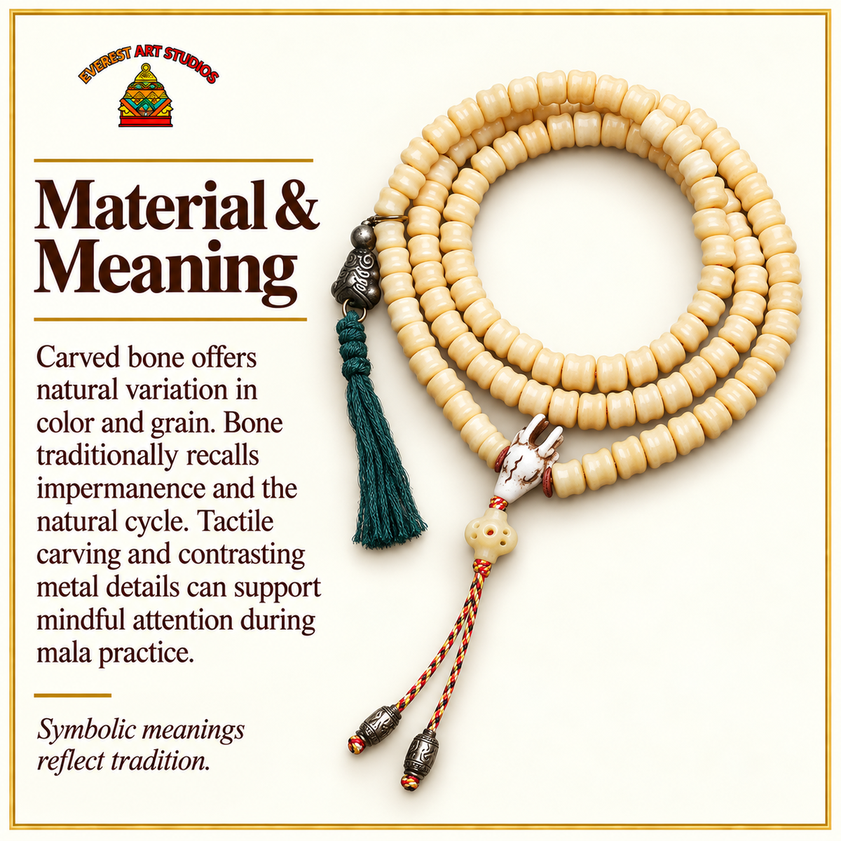 EverestArtstudios Carved Bone 108-Bead Mala with Decorative Metal Charms — materials meaning