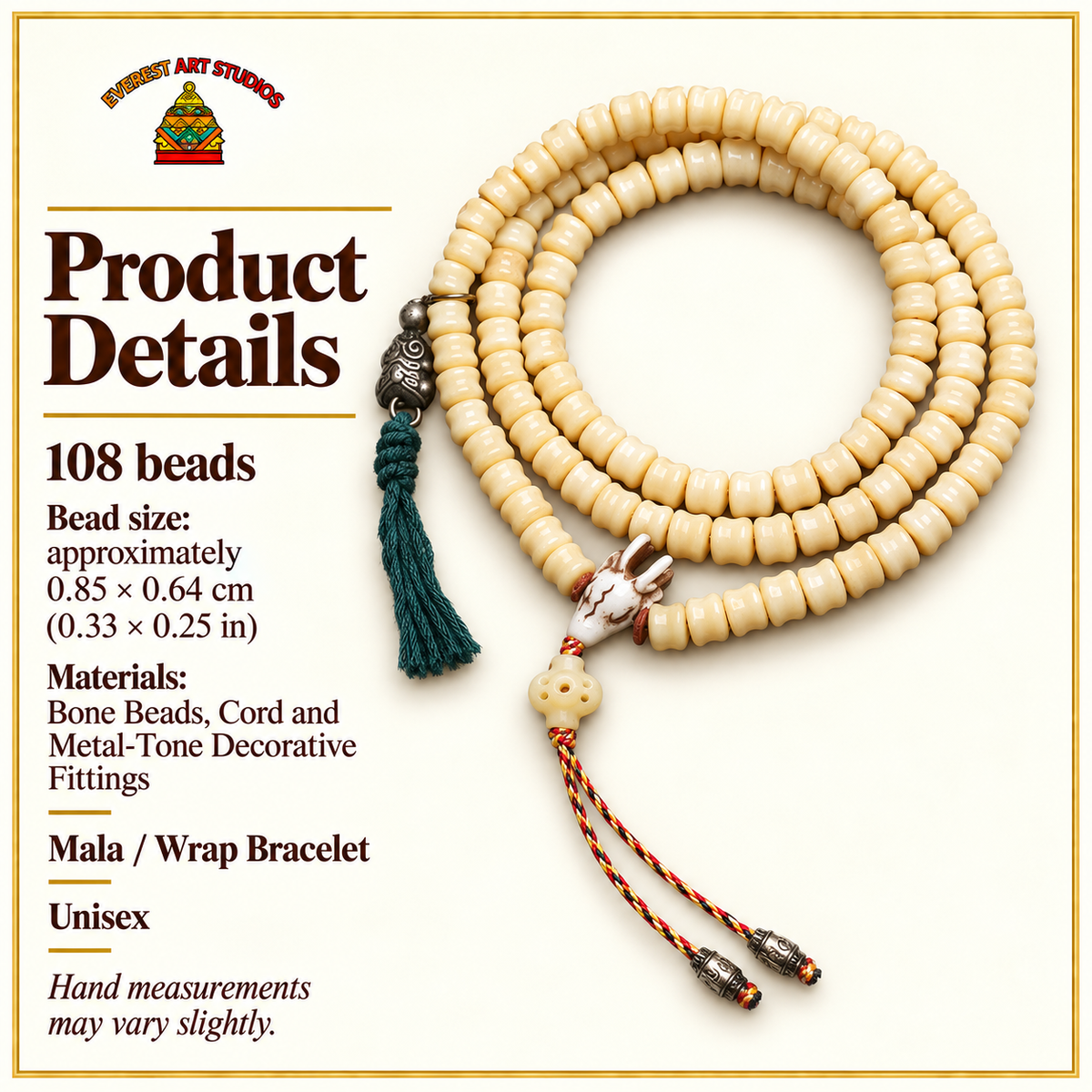 EverestArtstudios Carved Bone 108-Bead Mala with Decorative Metal Charms — specifications