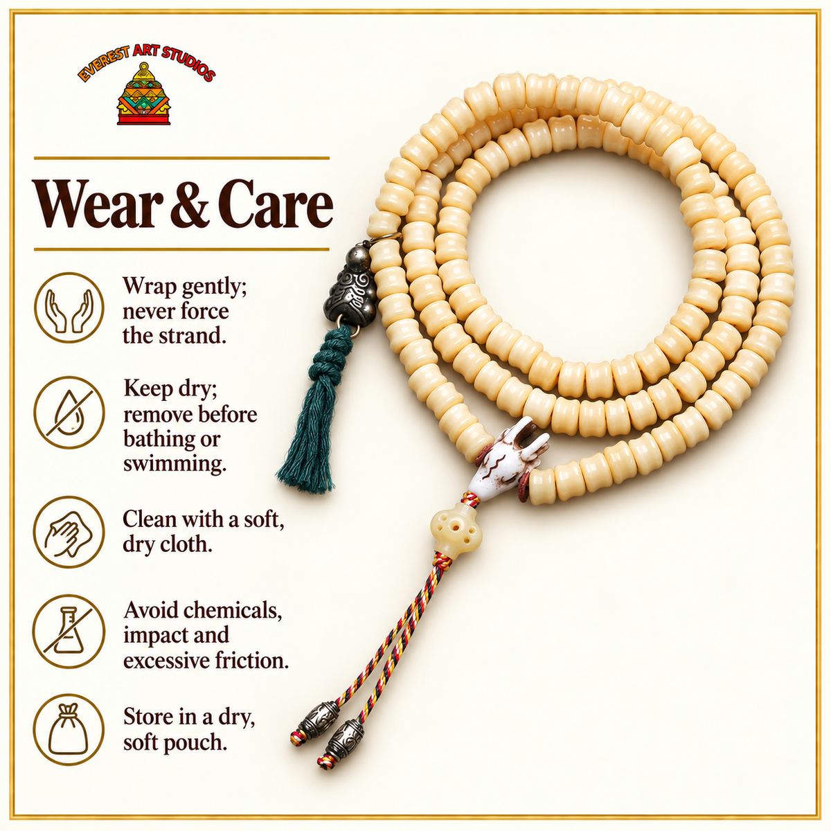 EverestArtstudios Carved Bone 108-Bead Mala with Decorative Metal Charms — care