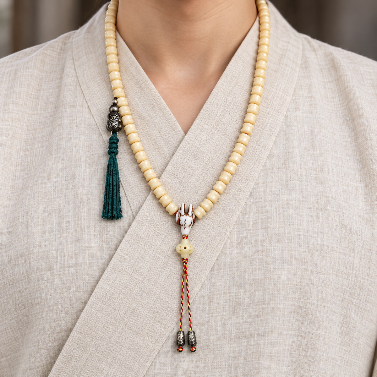 EverestArtstudios Carved Bone 108-Bead Mala with Decorative Metal Charms — linen front