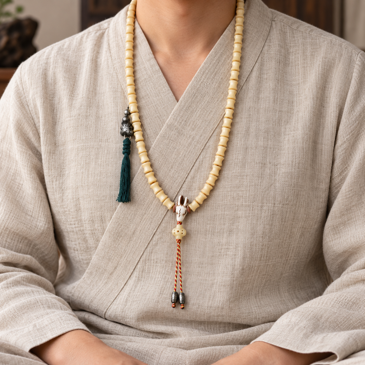 EverestArtstudios Carved Bone 108-Bead Mala with Decorative Metal Charms — linen seated