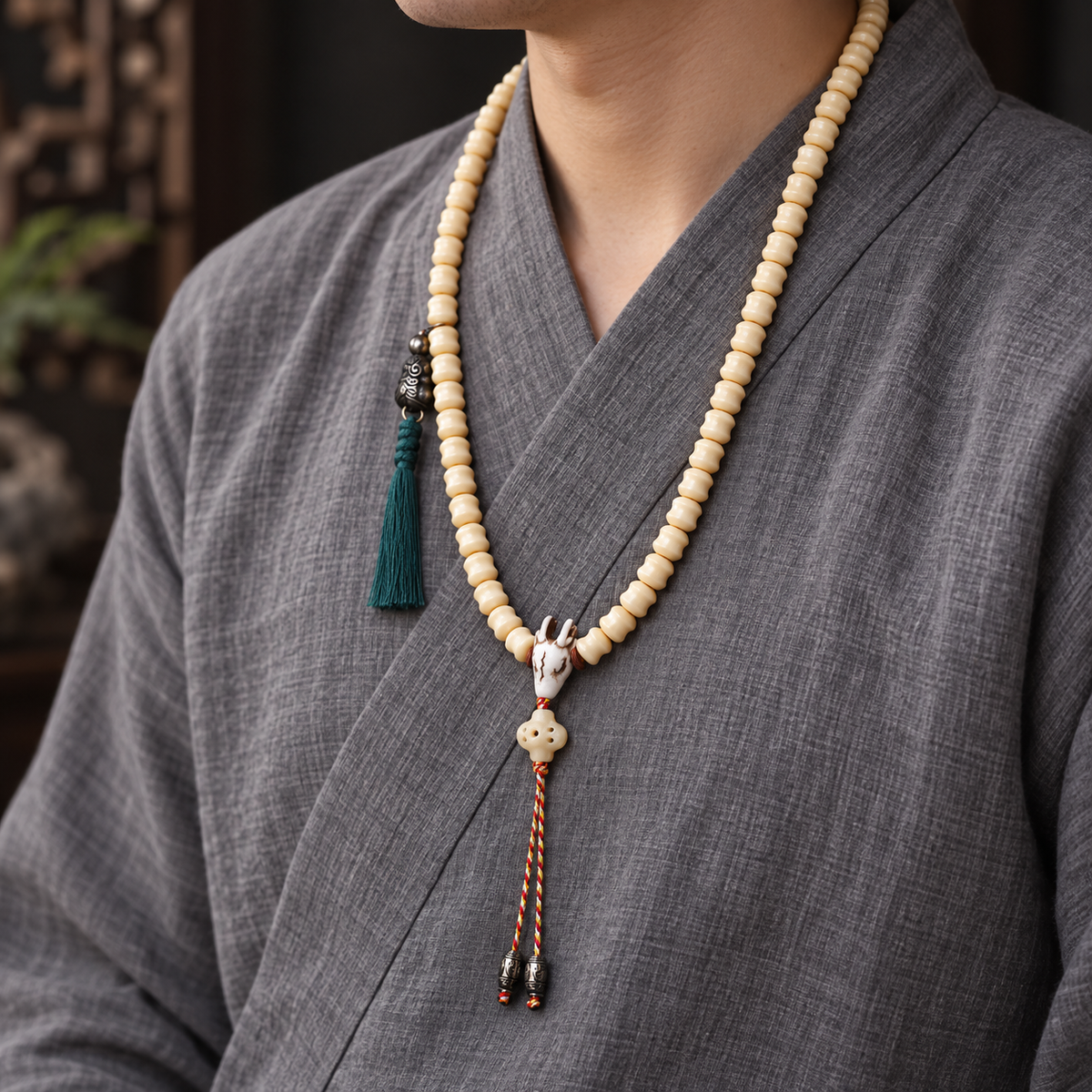 EverestArtstudios Carved Bone 108-Bead Mala with Decorative Metal Charms — linen side