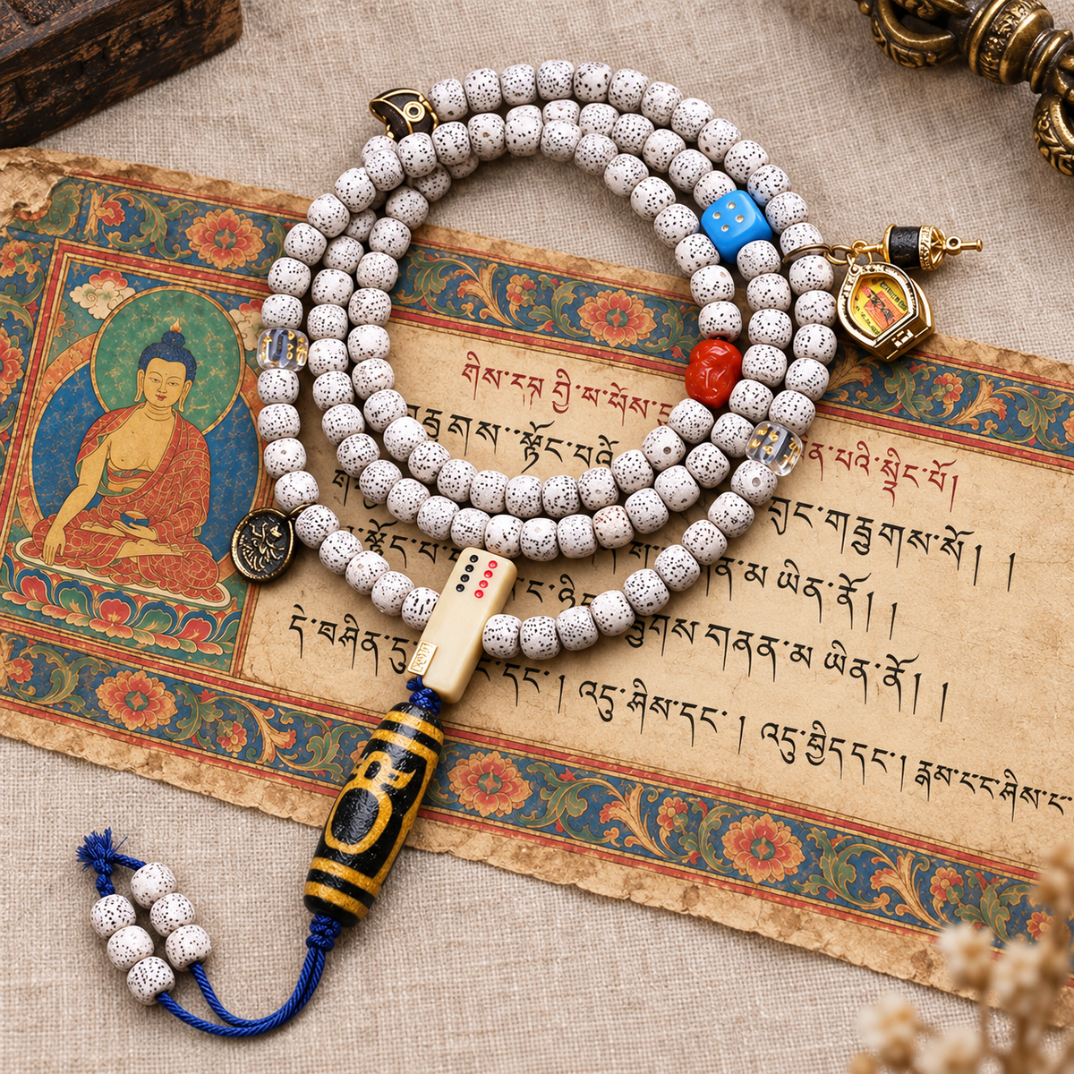 EverestArtstudios Xingyue Bodhi 108-Bead Mala with Crystal and Wealth Deity Accents — full product