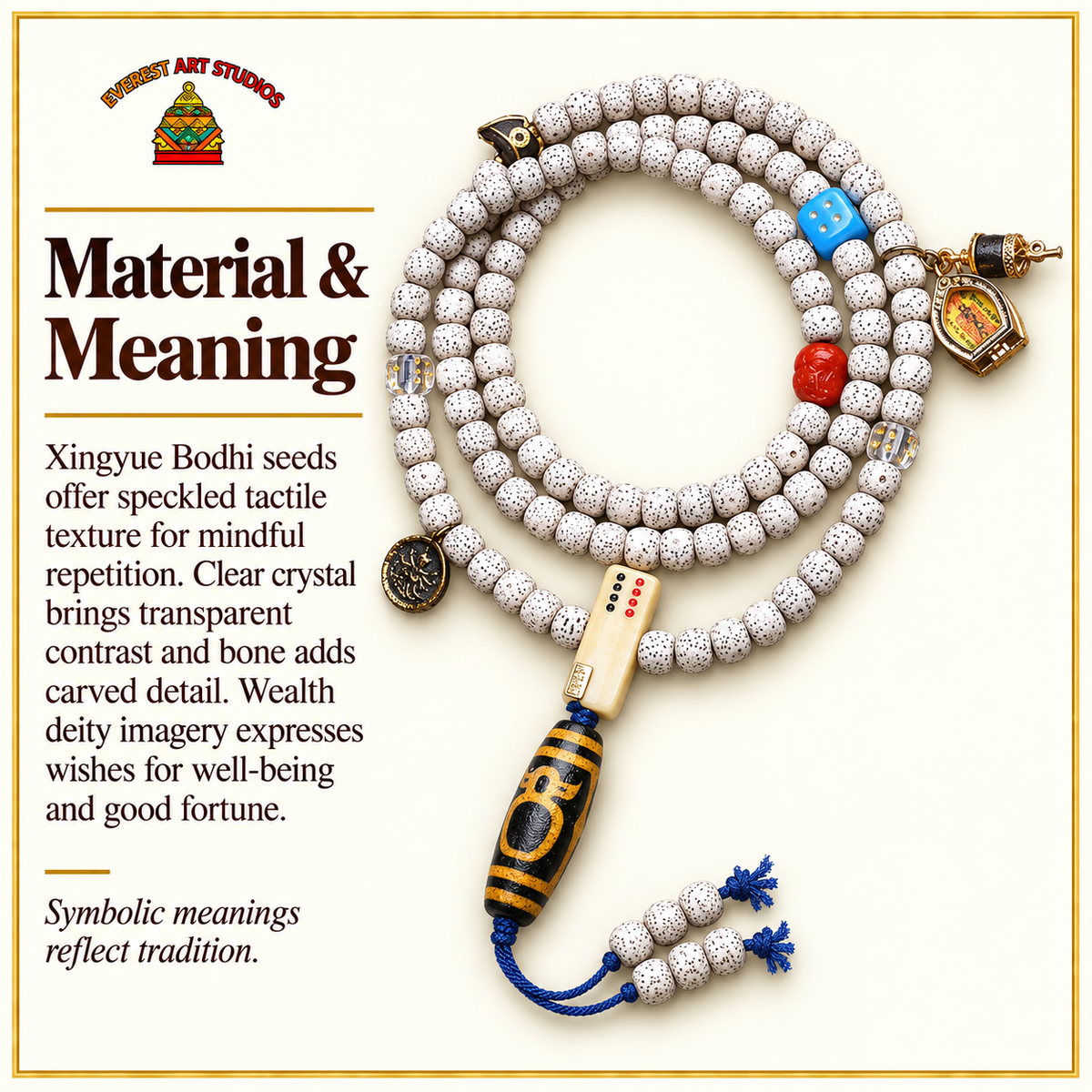 EverestArtstudios Xingyue Bodhi 108-Bead Mala with Crystal and Wealth Deity Accents — materials meaning