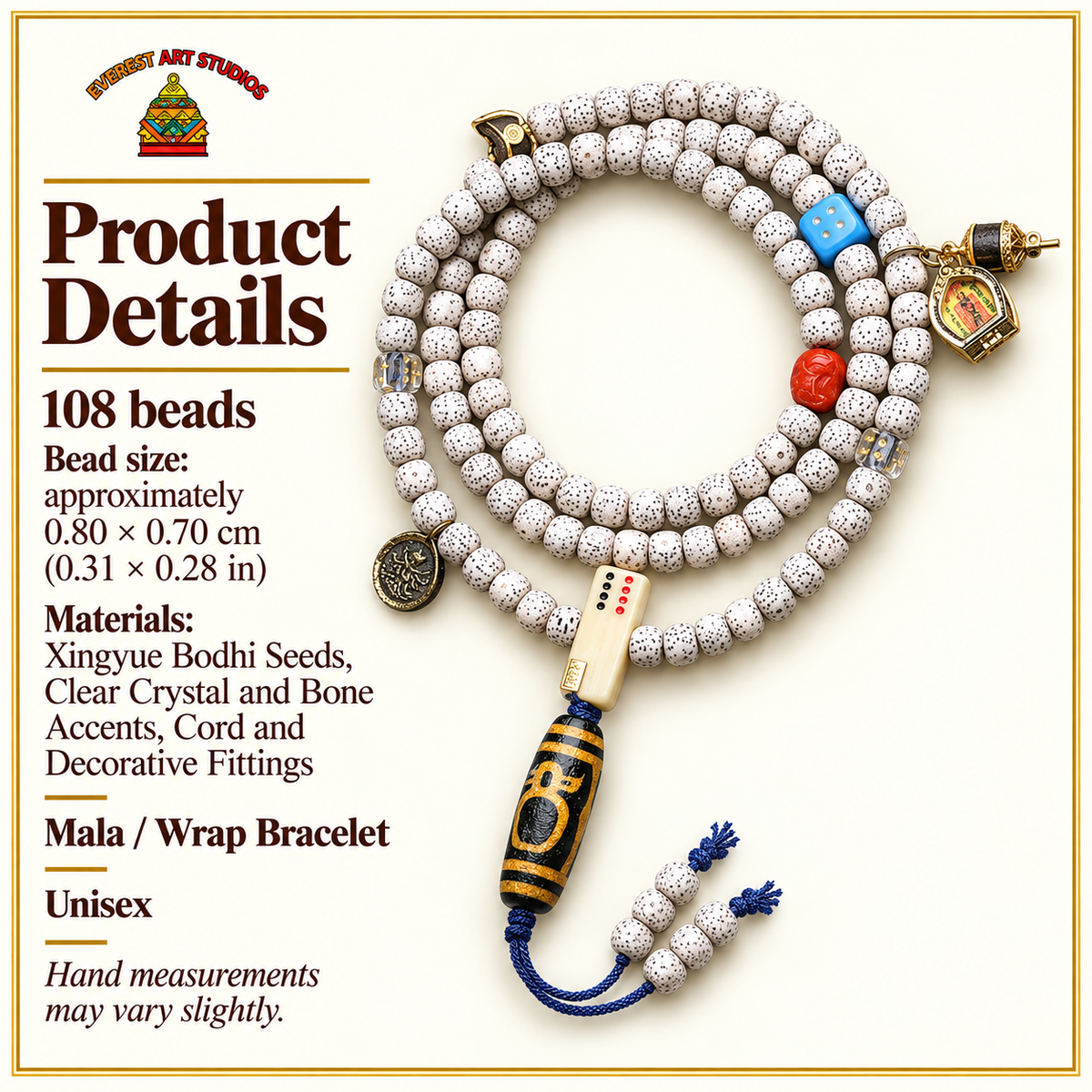 EverestArtstudios Xingyue Bodhi 108-Bead Mala with Crystal and Wealth Deity Accents — specifications
