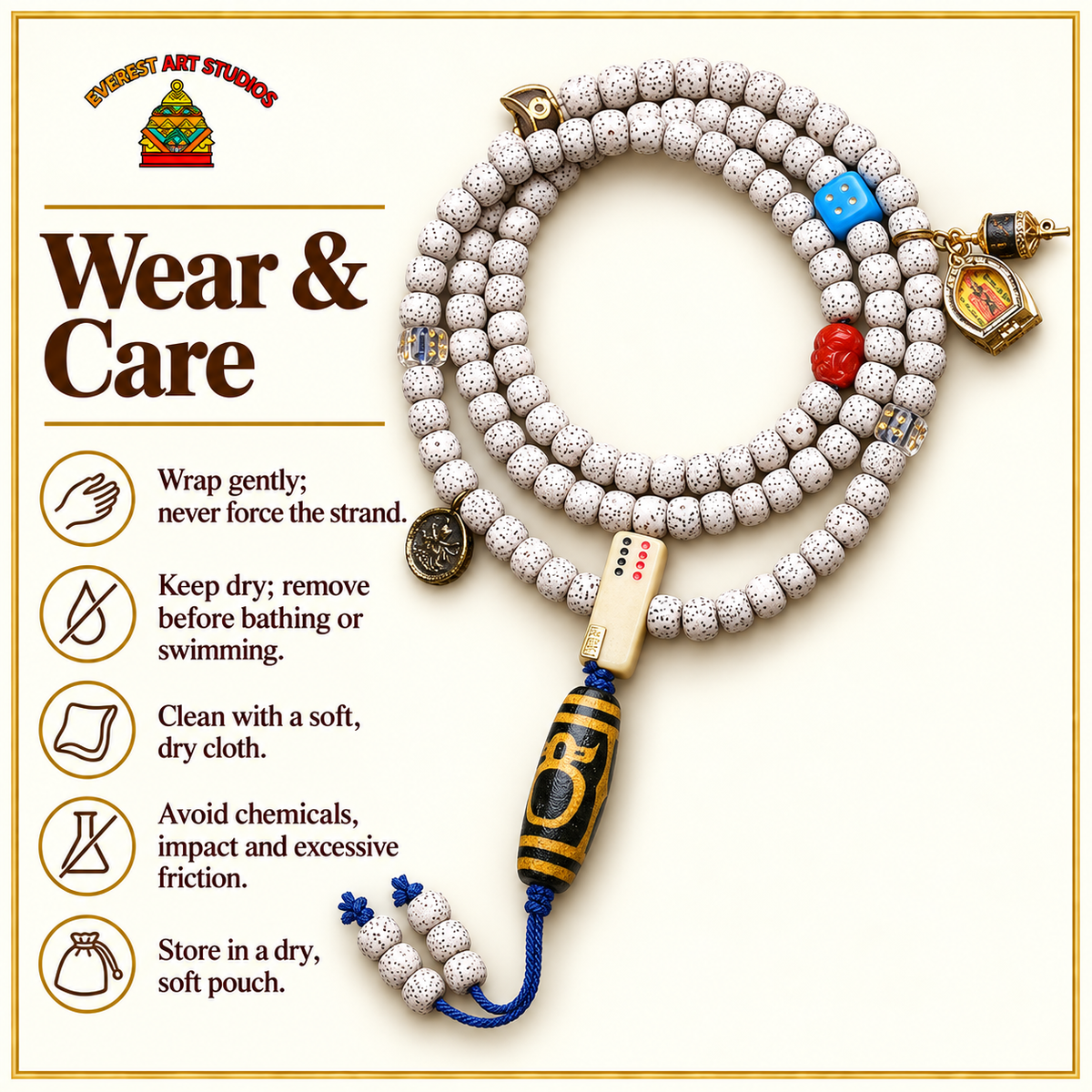 EverestArtstudios Xingyue Bodhi 108-Bead Mala with Crystal and Wealth Deity Accents — care