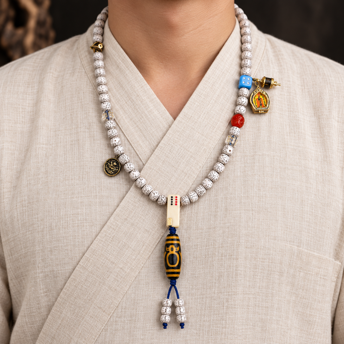 EverestArtstudios Xingyue Bodhi 108-Bead Mala with Crystal and Wealth Deity Accents — linen front