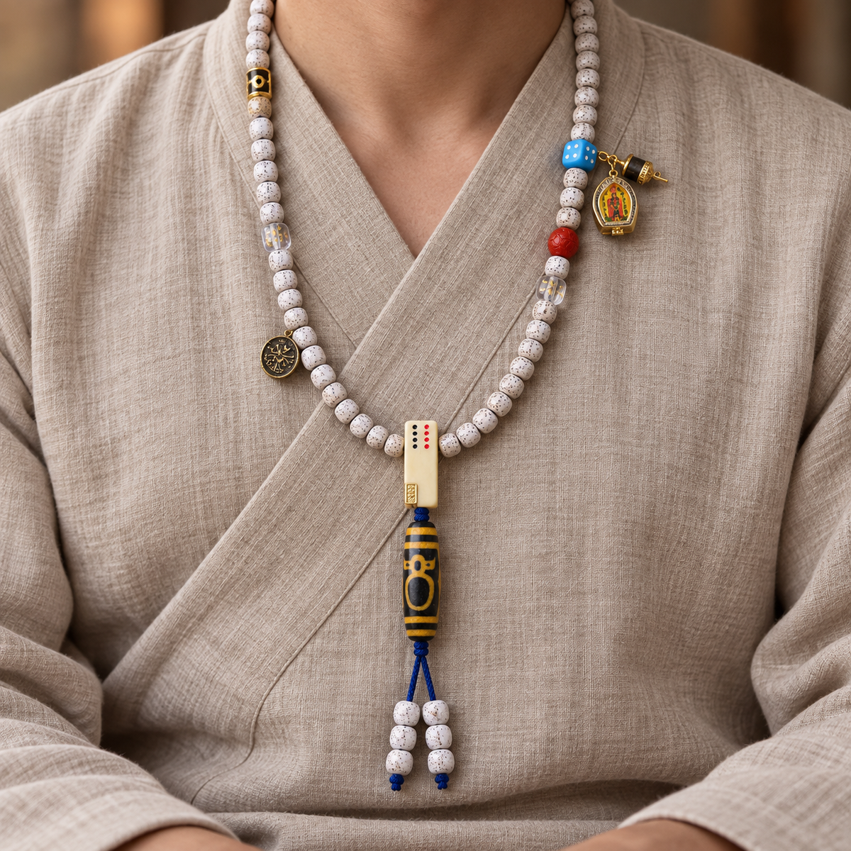 EverestArtstudios Xingyue Bodhi 108-Bead Mala with Crystal and Wealth Deity Accents — linen seated