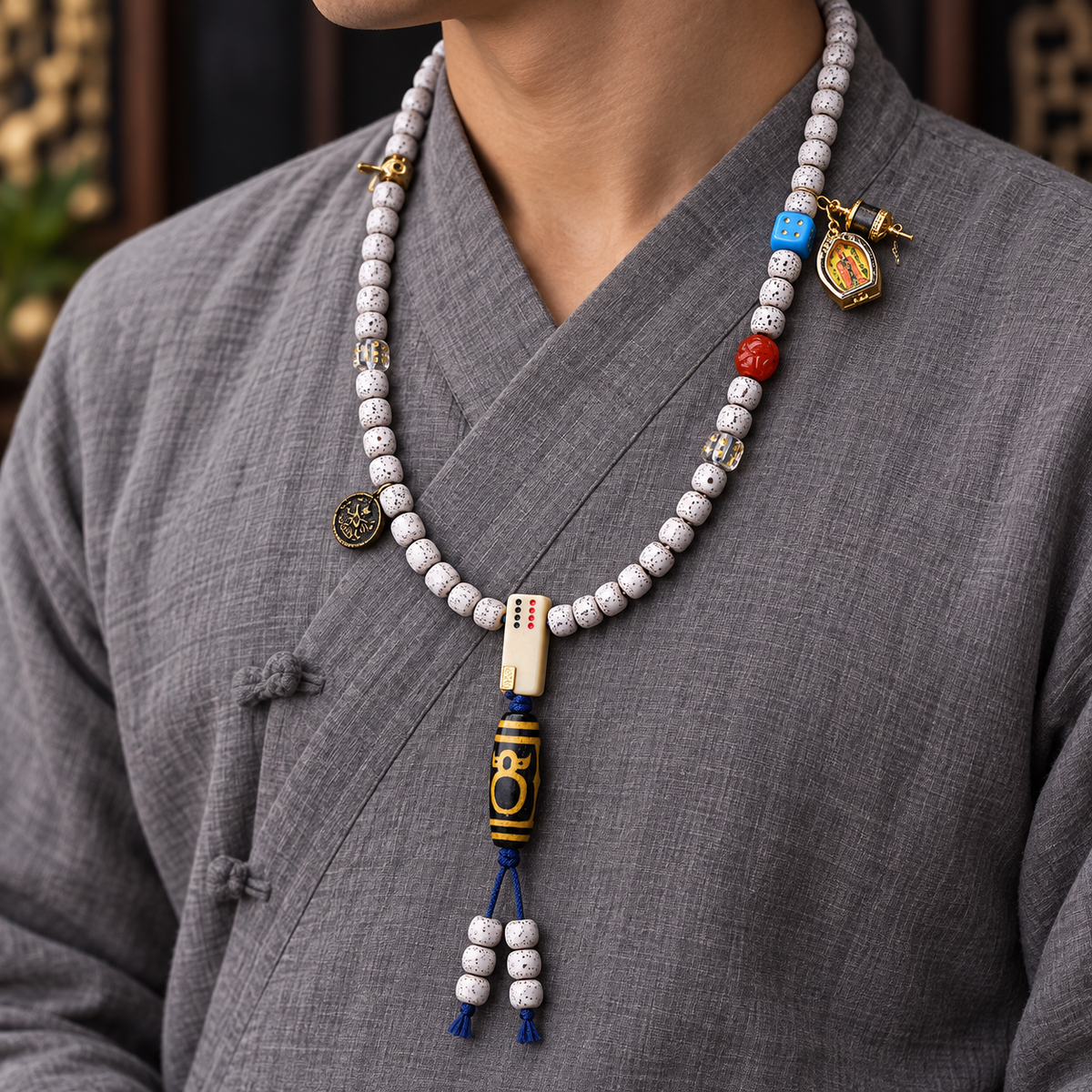 EverestArtstudios Xingyue Bodhi 108-Bead Mala with Crystal and Wealth Deity Accents — linen side