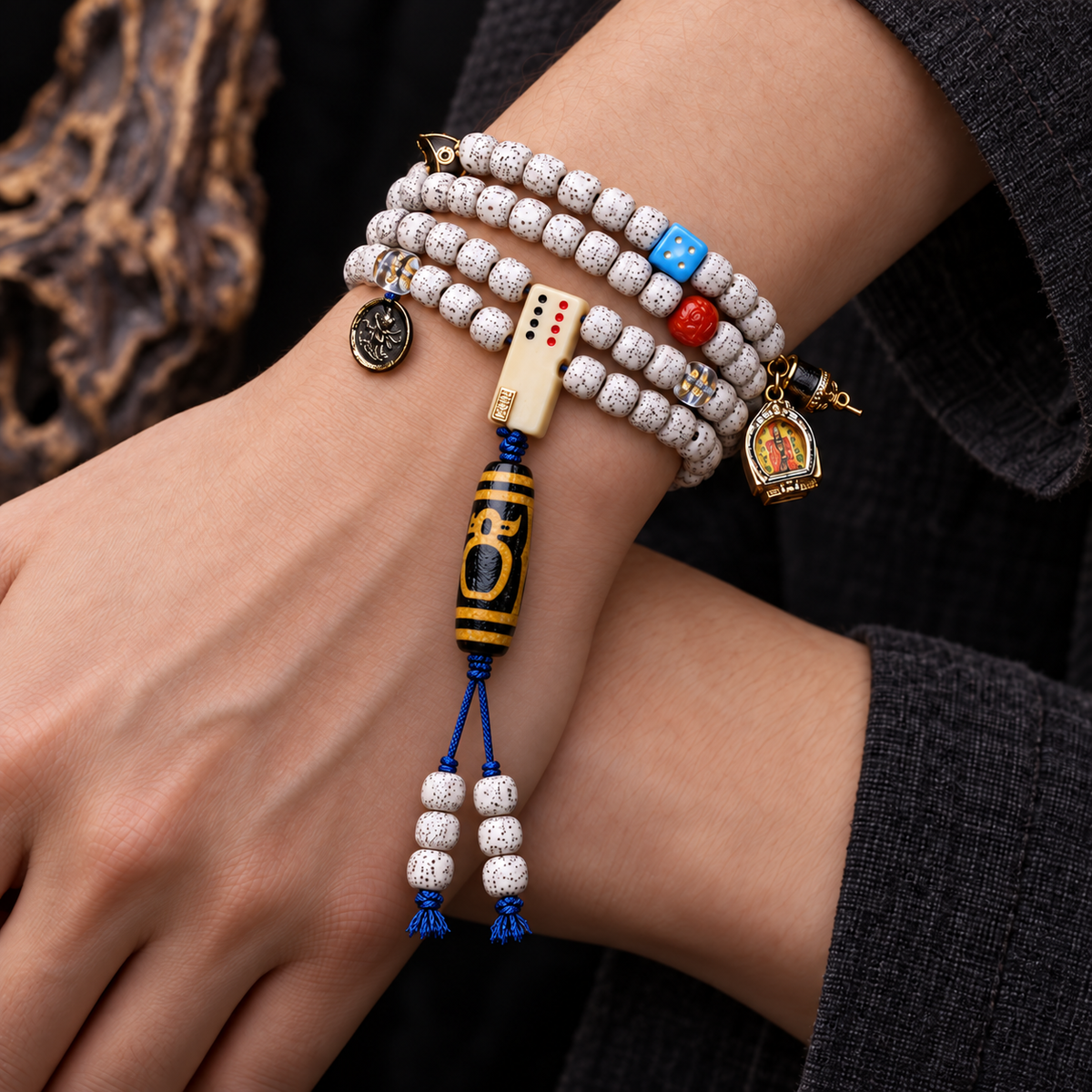 EverestArtstudios Xingyue Bodhi 108-Bead Mala with Crystal and Wealth Deity Accents — wrist crossed