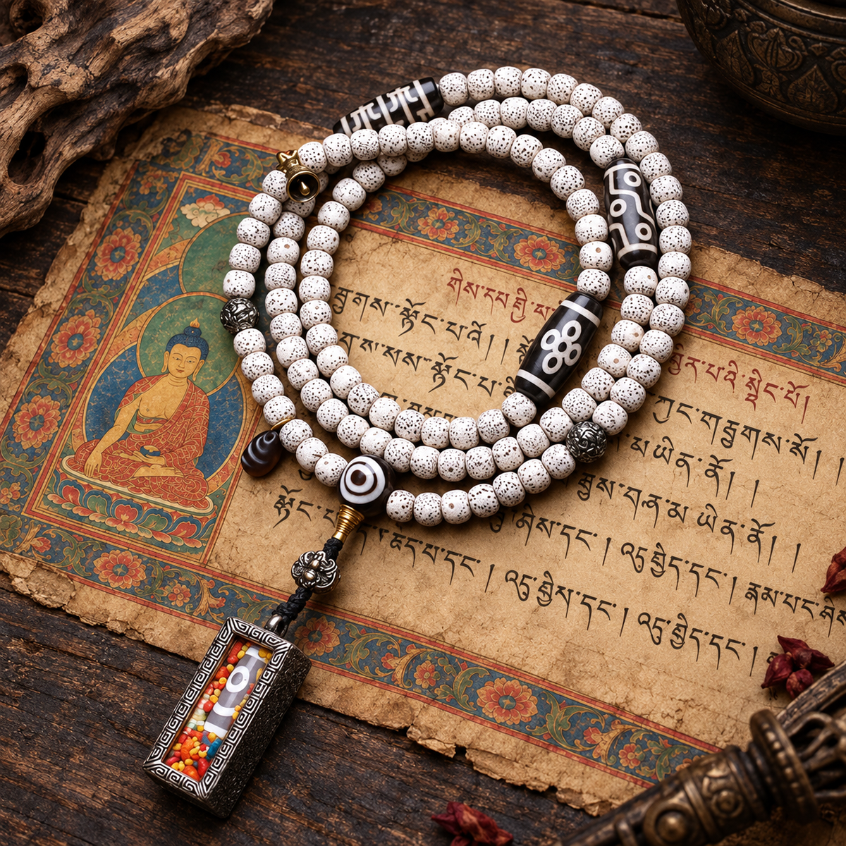 EverestArtstudios Xingyue Bodhi 108-Bead Mala with Two-Eye Dzi-Style Agate and Ghau Pendant — full product