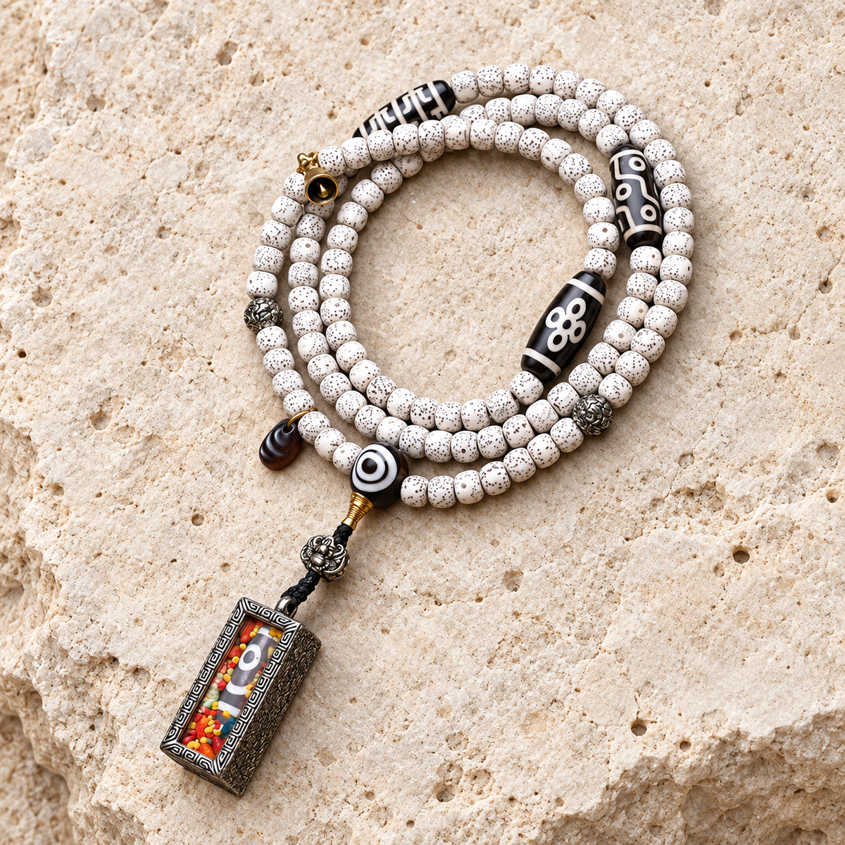 EverestArtstudios Xingyue Bodhi 108-Bead Mala with Two-Eye Dzi-Style Agate and Ghau Pendant — overall display