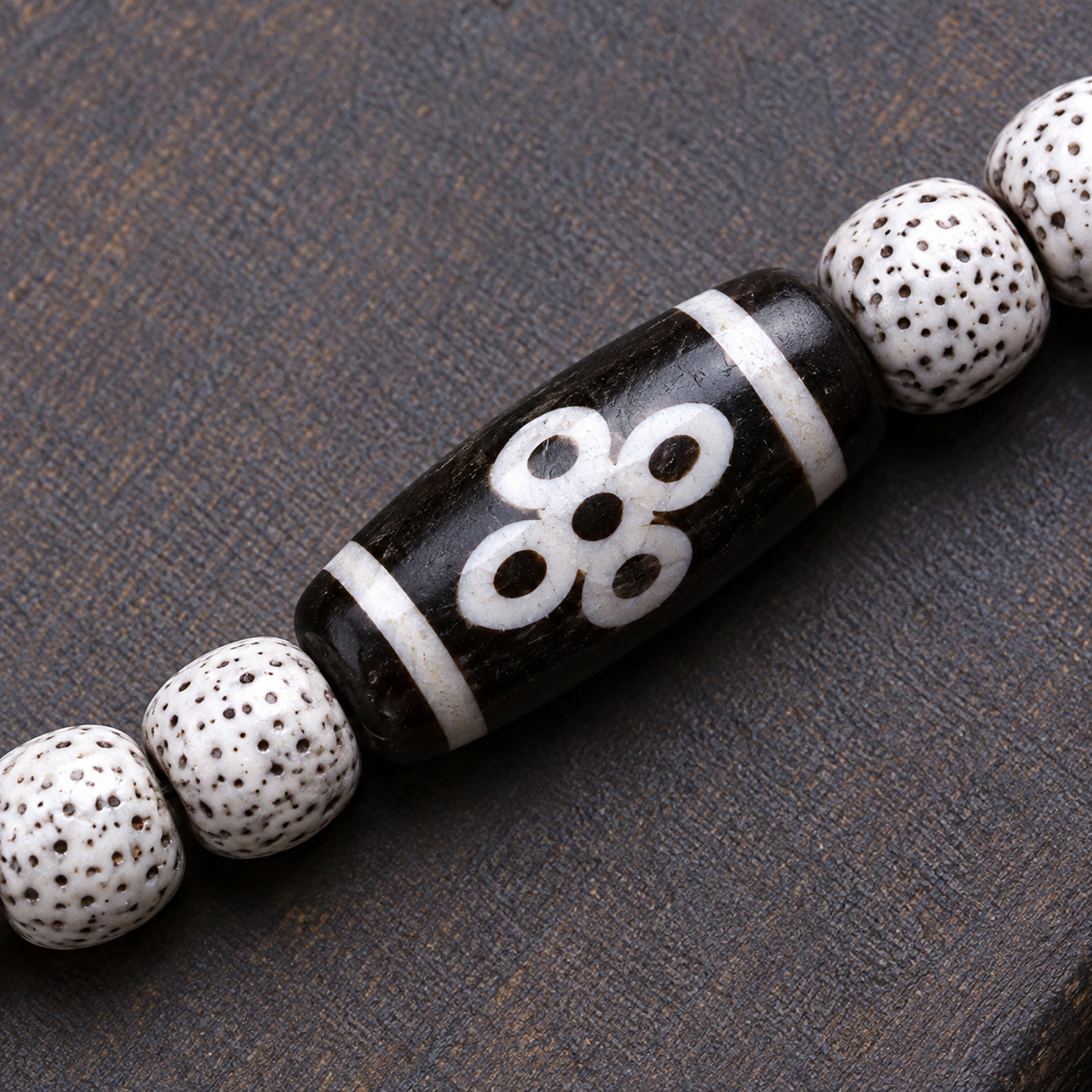 EverestArtstudios Xingyue Bodhi 108-Bead Mala with Two-Eye Dzi-Style Agate and Ghau Pendant — surface detail