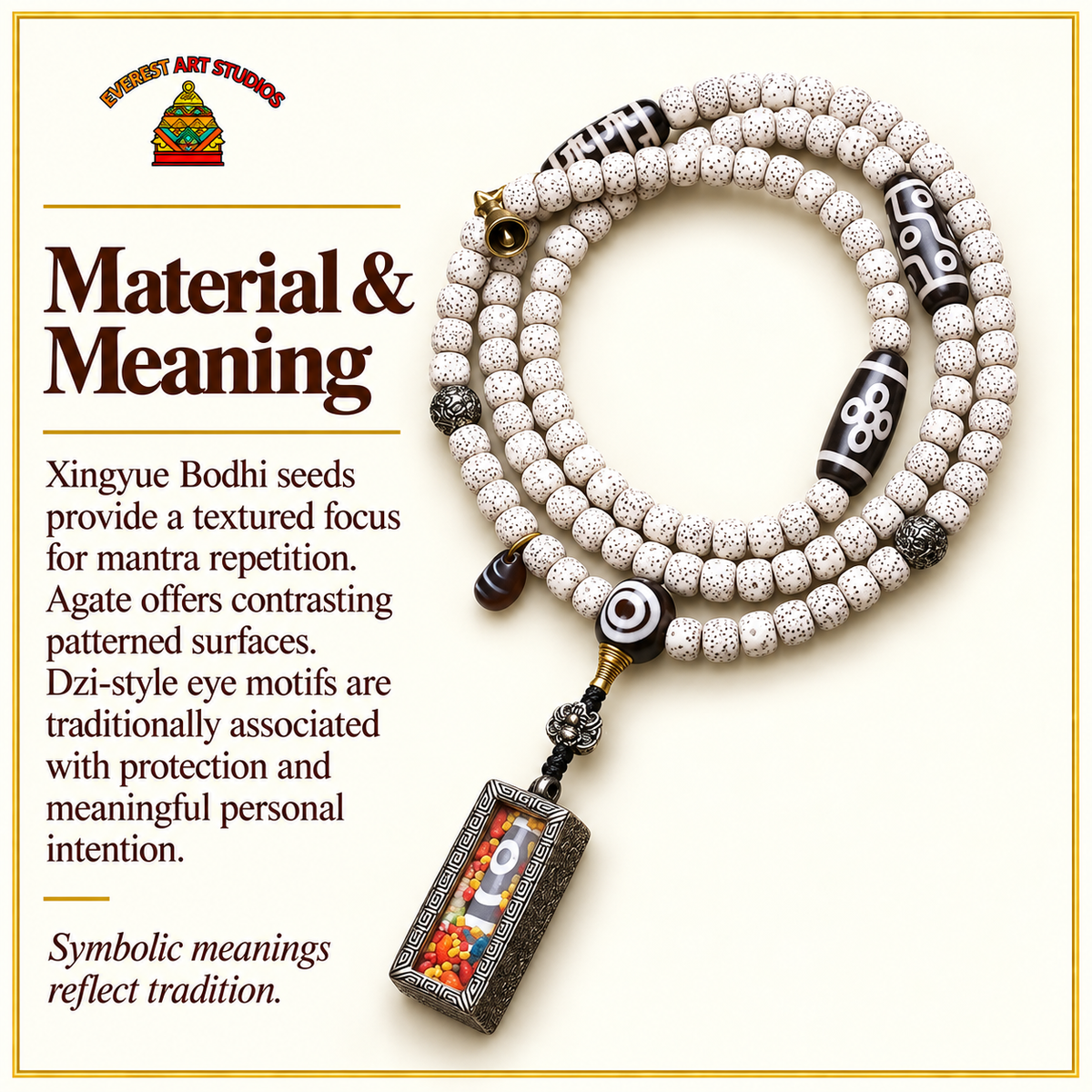 EverestArtstudios Xingyue Bodhi 108-Bead Mala with Two-Eye Dzi-Style Agate and Ghau Pendant — materials meaning