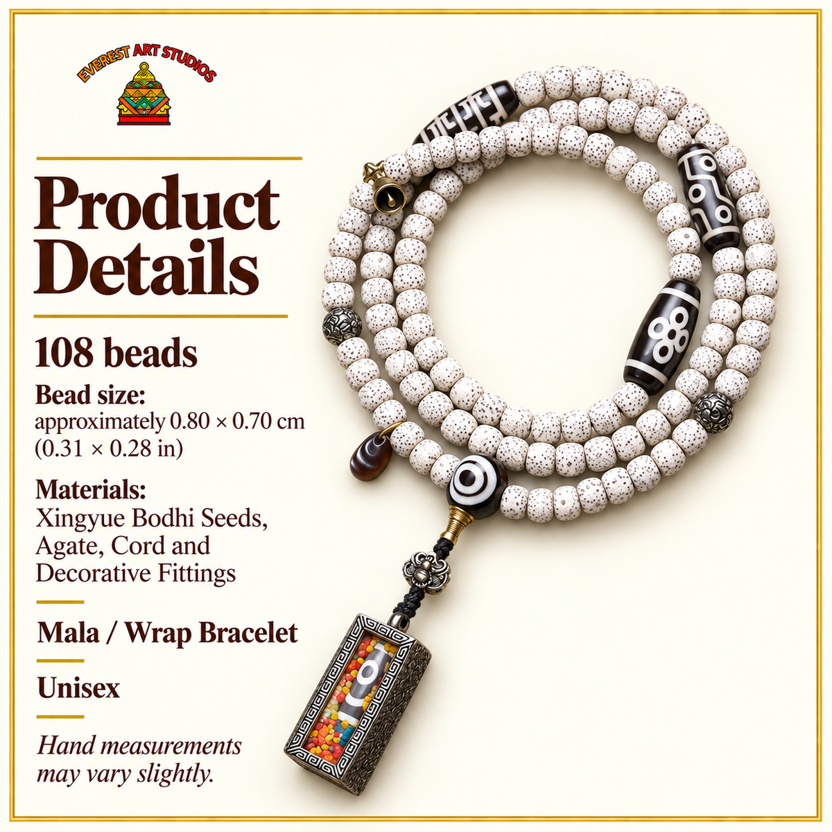 EverestArtstudios Xingyue Bodhi 108-Bead Mala with Two-Eye Dzi-Style Agate and Ghau Pendant — specifications