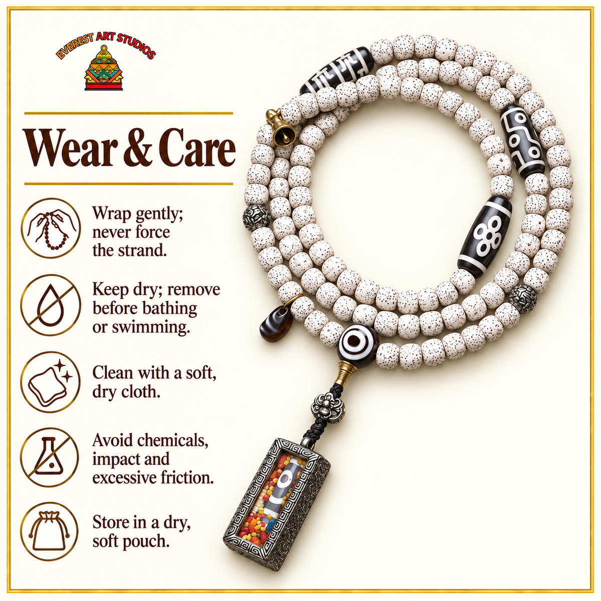 EverestArtstudios Xingyue Bodhi 108-Bead Mala with Two-Eye Dzi-Style Agate and Ghau Pendant — care