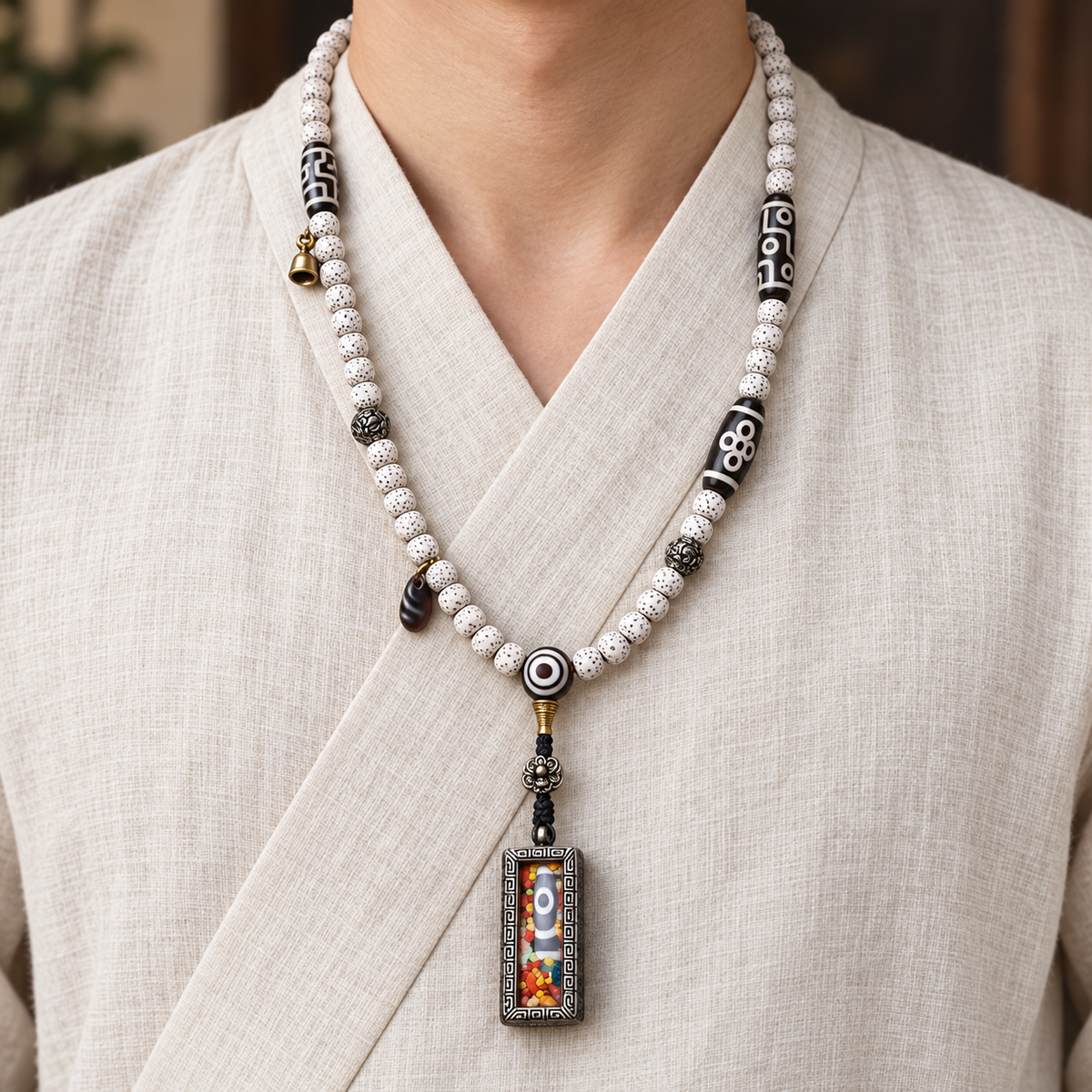 EverestArtstudios Xingyue Bodhi 108-Bead Mala with Two-Eye Dzi-Style Agate and Ghau Pendant — linen front